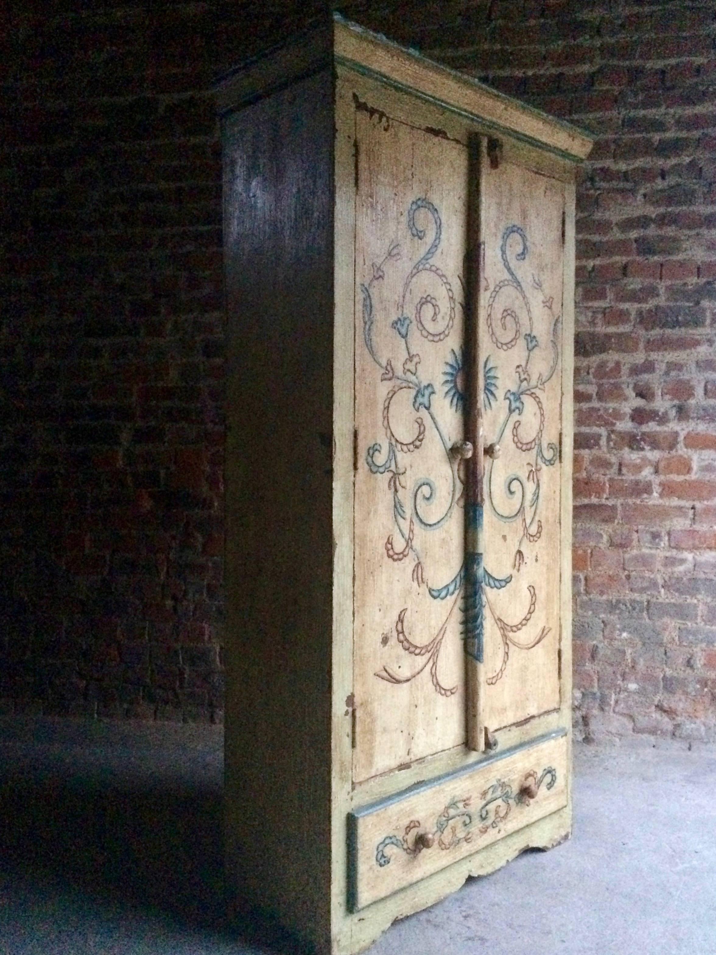 Hand-Painted Antique Cupboard Wardrobe French Painted Provincial Style Seriously Distressed