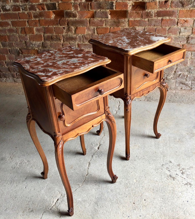 Antique French Bedside Tables Nightstands Marble Pair Victorian French Provincial Antique Bedside Tables Nightstands Marble Pair Victorian 1875 For