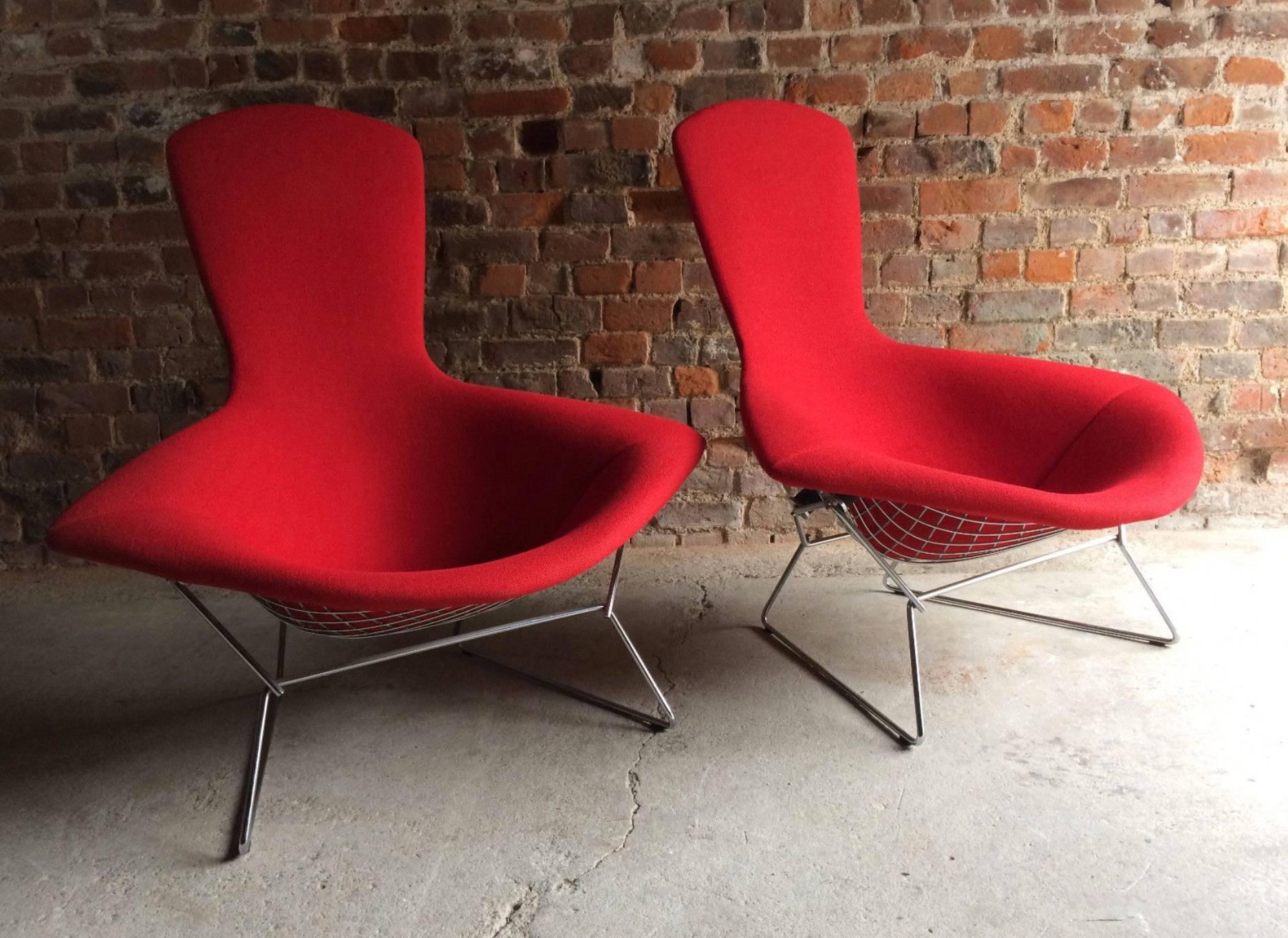 Chrome Pair of Harry Bertoia Bird Chairs in Red for Knoll International