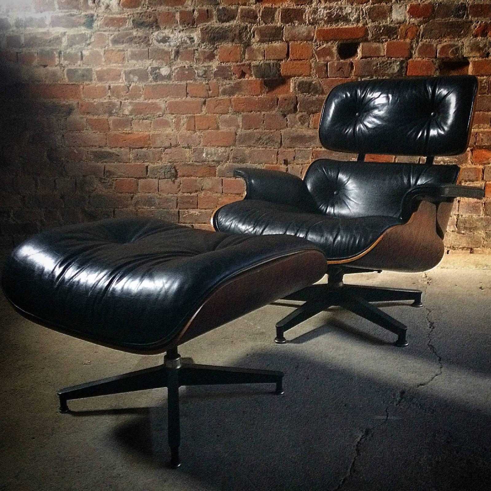 Original Herman Miller Eames designed 670 lounge chair and matching 671 ottoman in rosewood with black leather upholstery, the set was purchased in 1974 by the prominent artist Anthony Fry.

Charles & Ray Eames wanted their lounge chair and