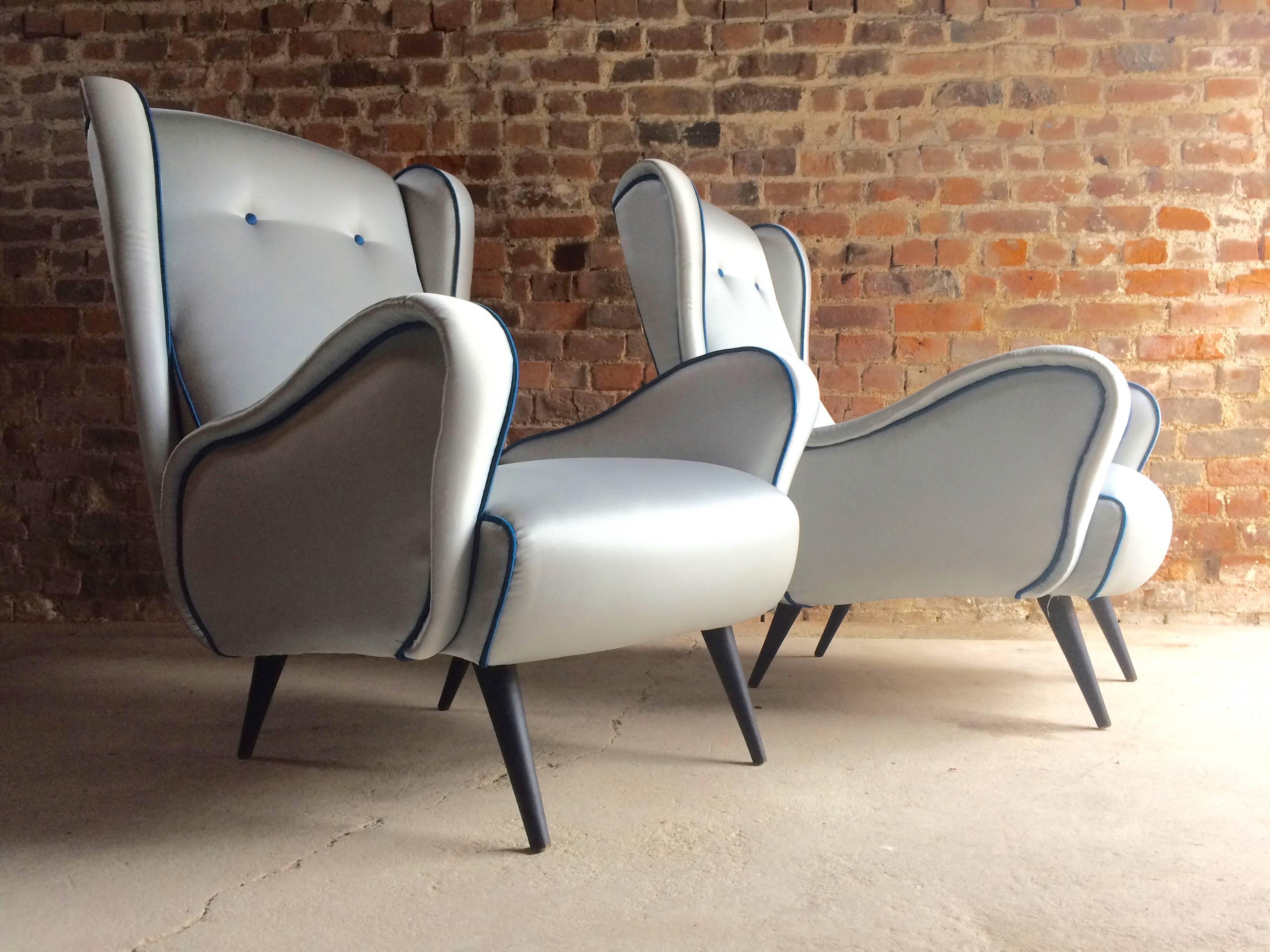 American Classical Italian Armchairs Lounge Chairs 1950s Vintage Midcentury Blue Upholstered