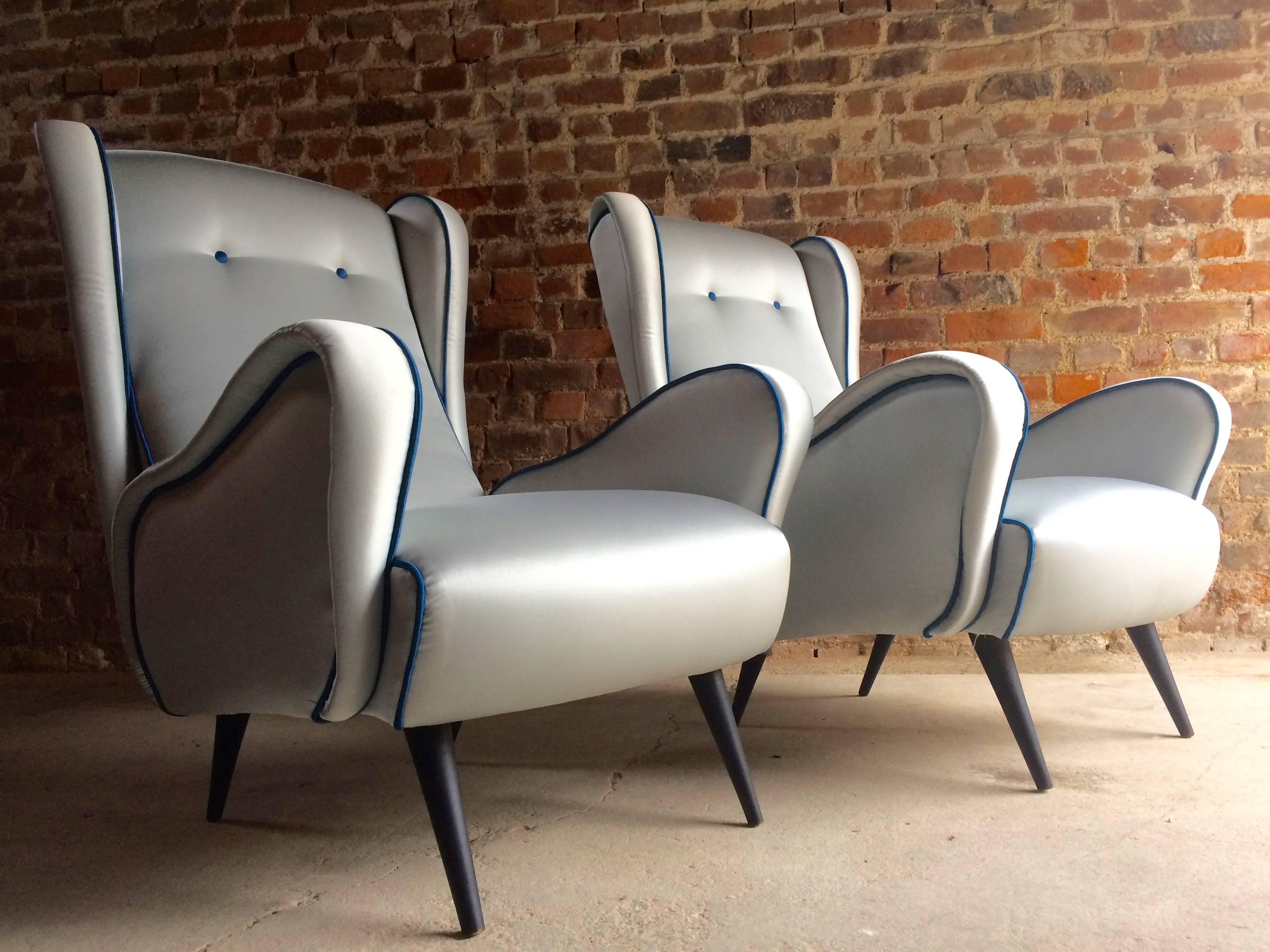 Italian Armchairs Lounge Chairs 1950s Vintage Midcentury Blue Upholstered In Excellent Condition In Longdon, Tewkesbury