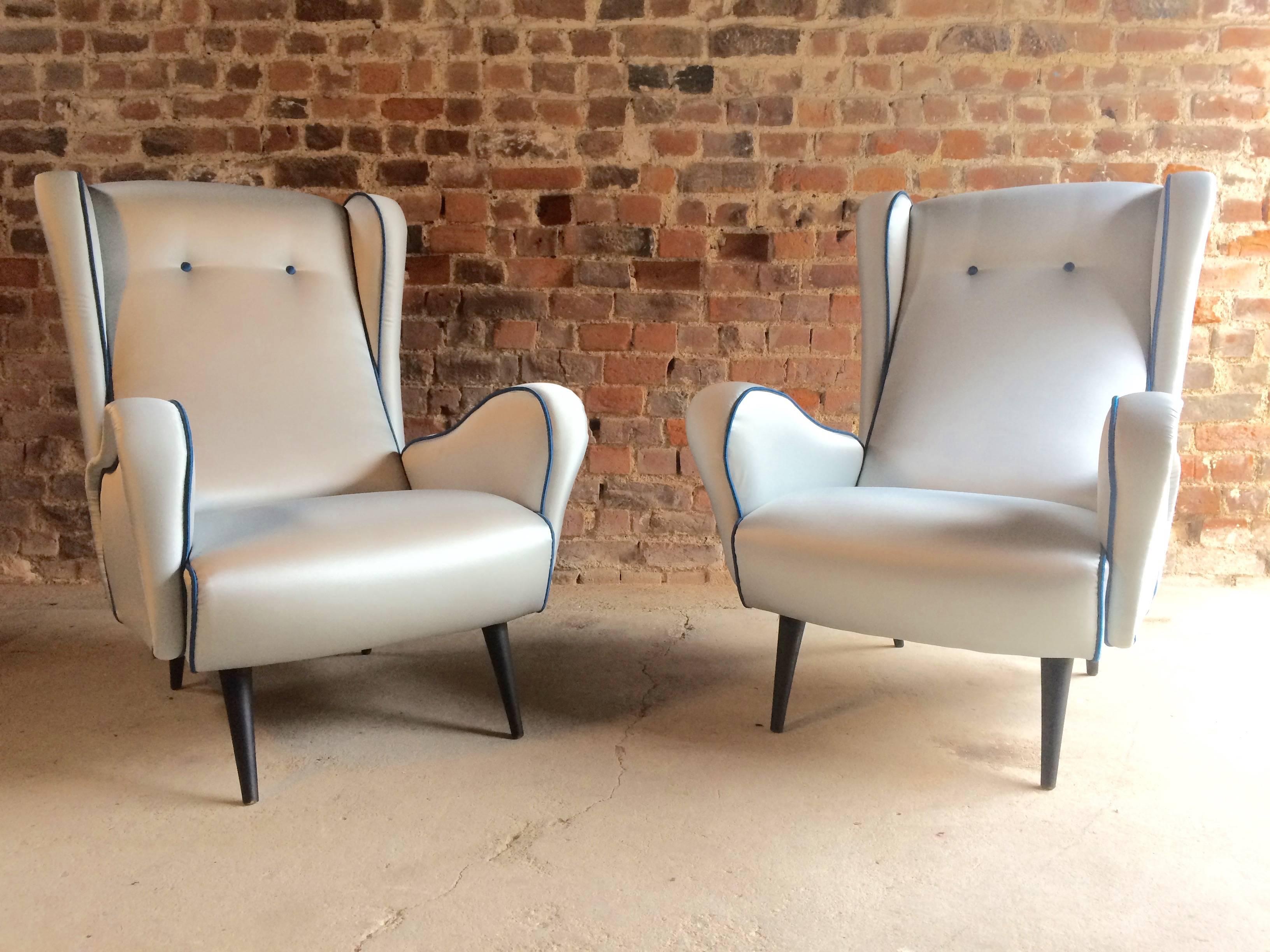 Mid-20th Century Italian Armchairs Lounge Chairs 1950s Vintage Midcentury Blue Upholstered