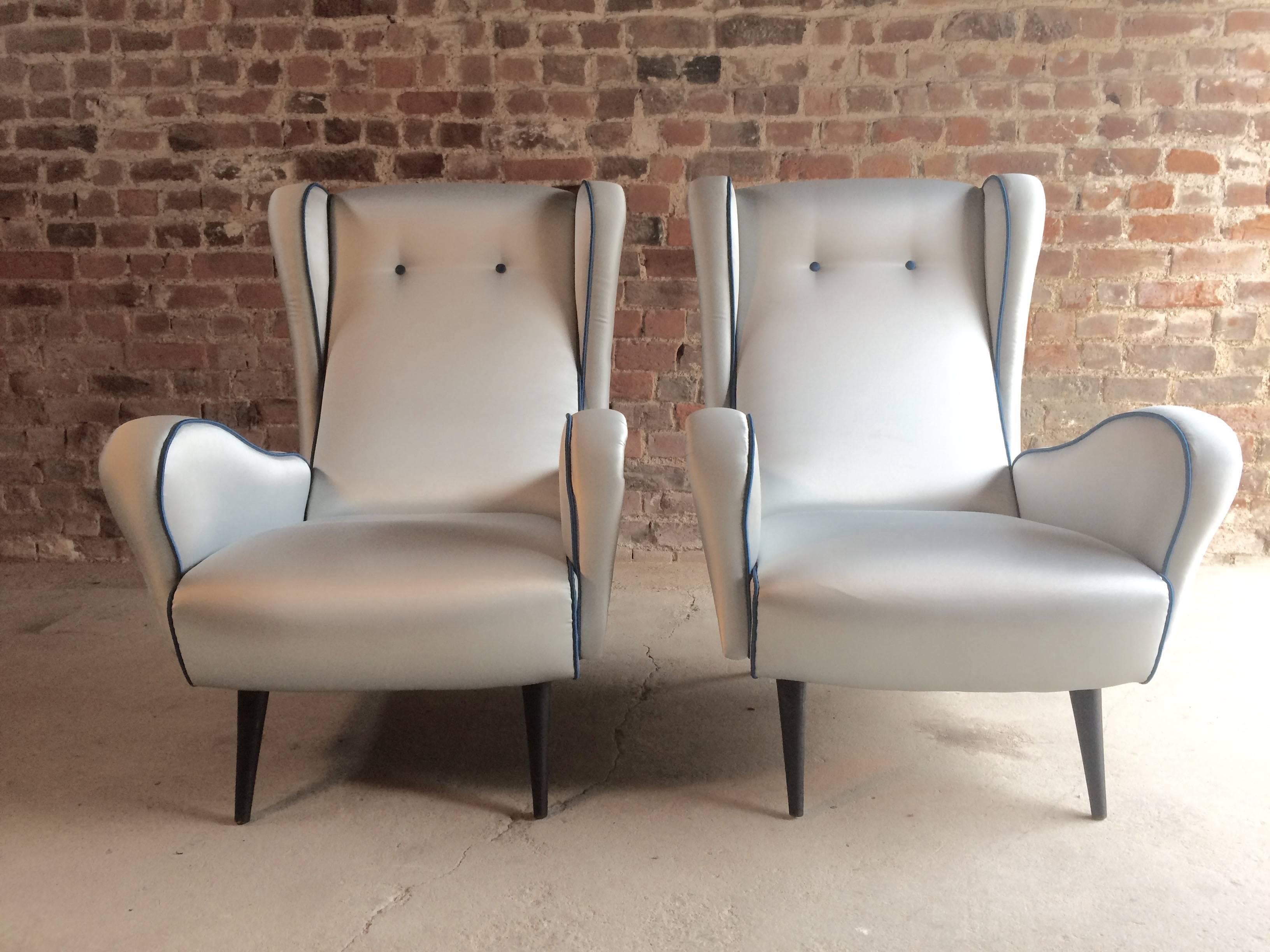 Italian Armchairs Lounge Chairs 1950s Vintage Midcentury Blue Upholstered 2