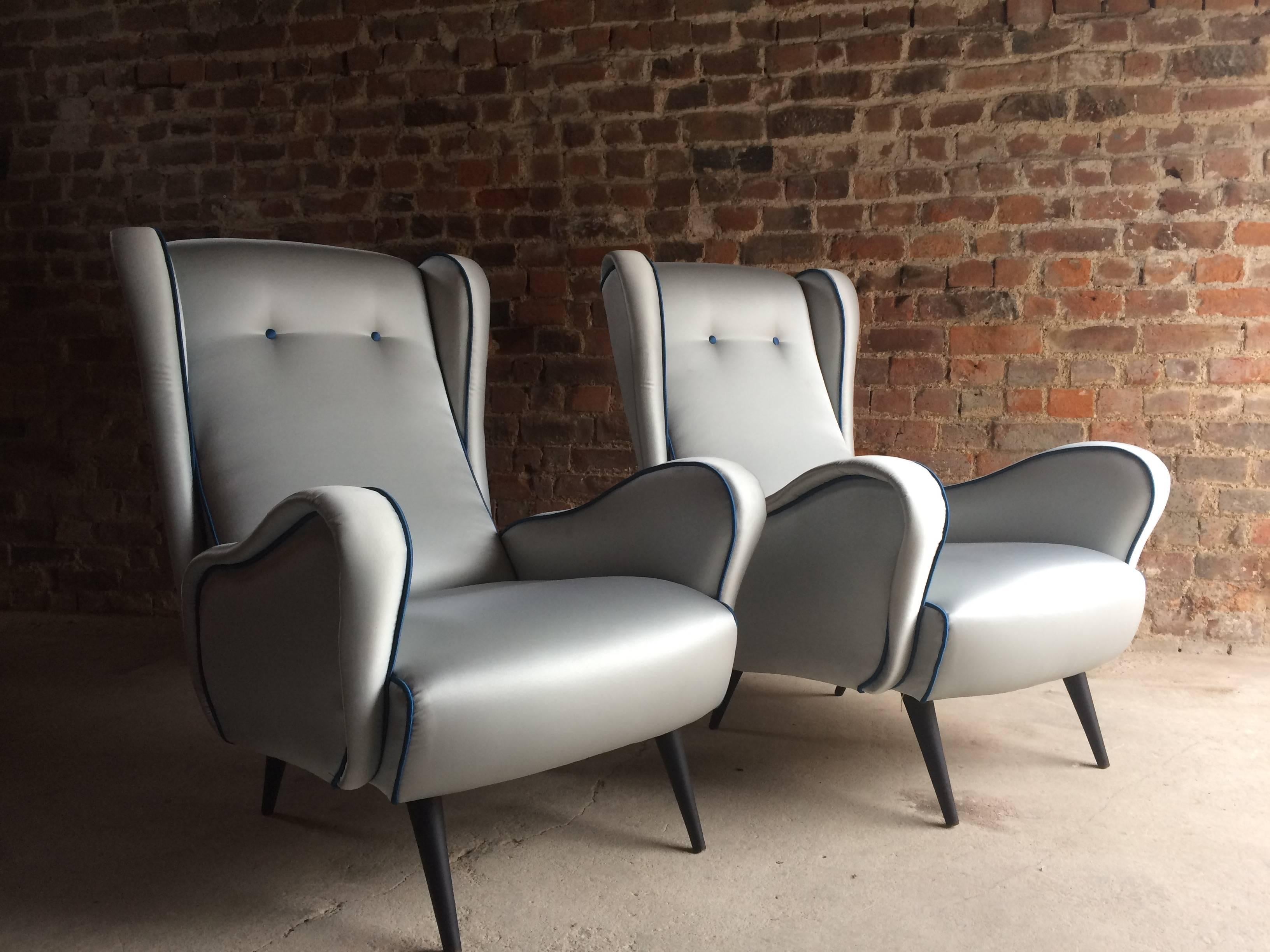Italian Armchairs Lounge Chairs 1950s Vintage Midcentury Blue Upholstered 3