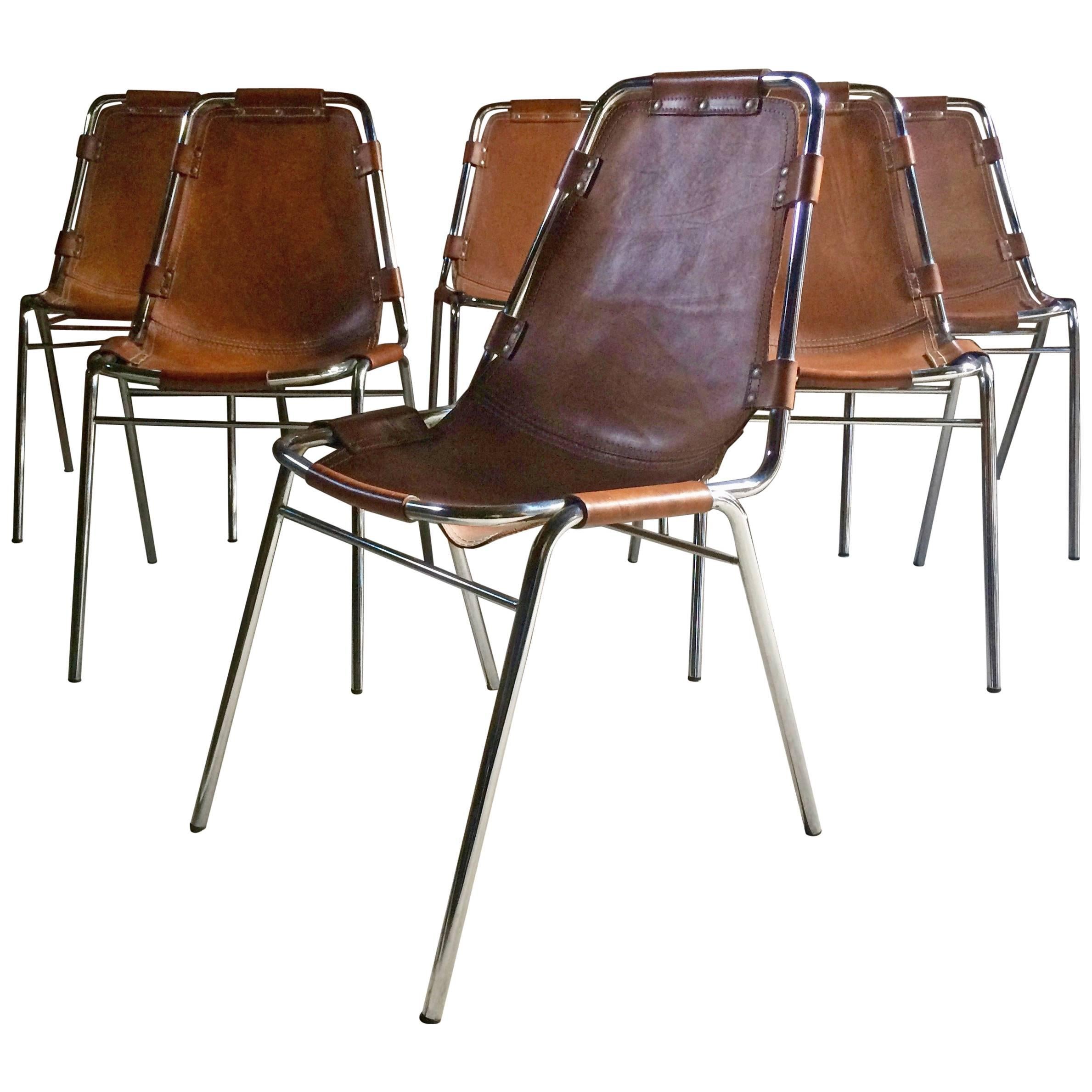 Les Arcs Chairs Charlotte Perriand Dining Chairs Leather, Set of Six, 1960s