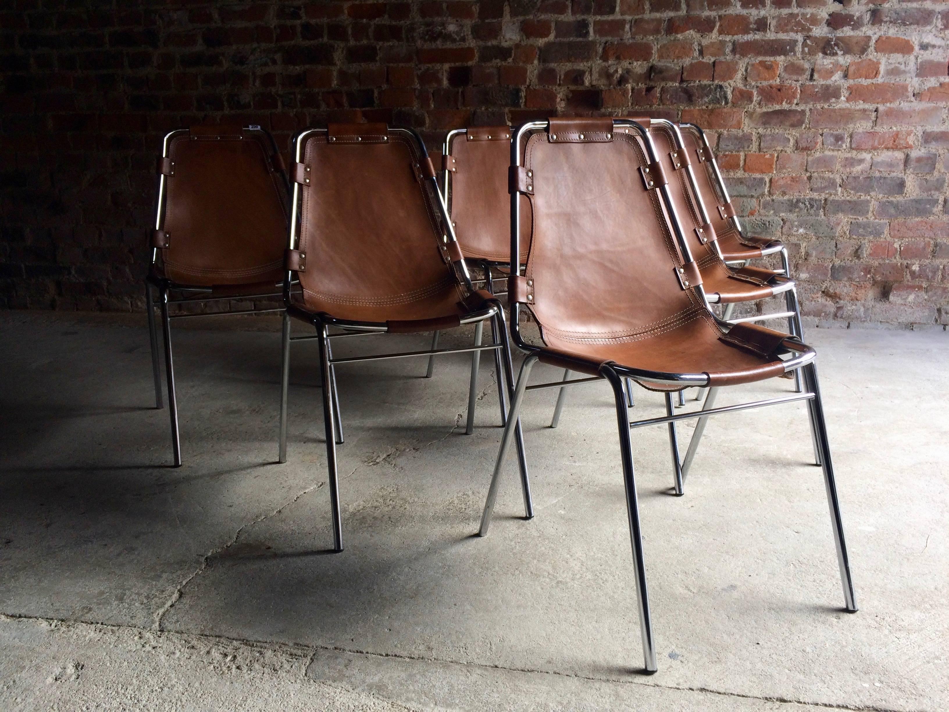 Mid-Century Modern Les Arcs Chairs Charlotte Perriand Dining Chairs Leather, Set of Six, 1960s
