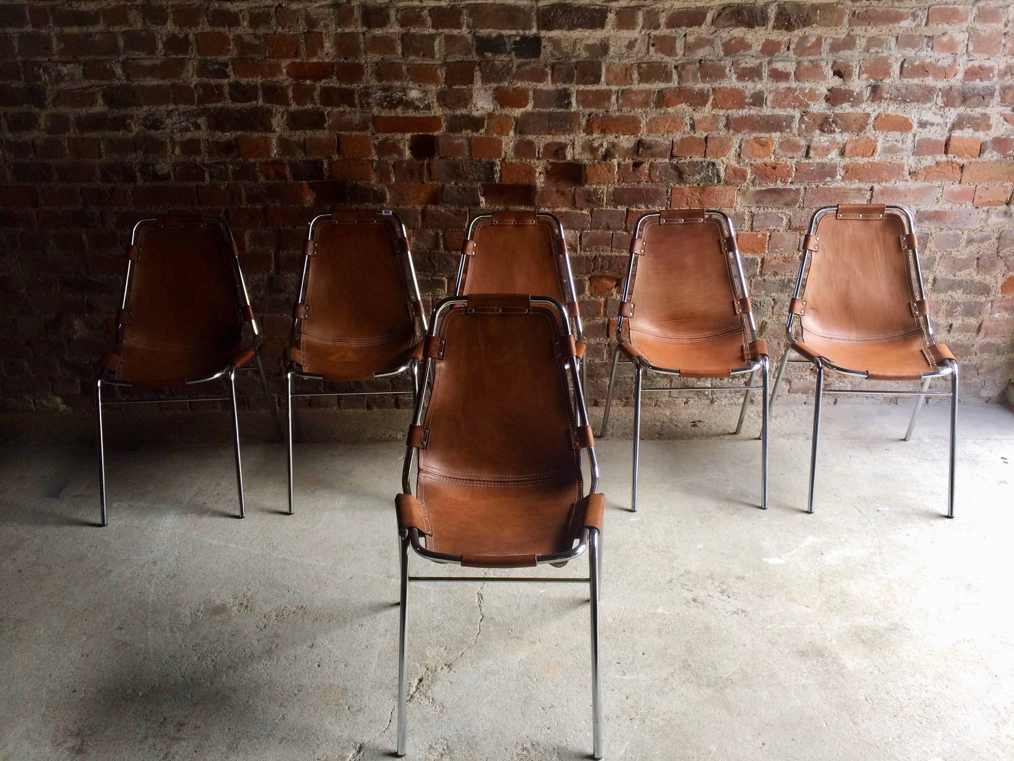 Mid-20th Century Les Arcs Chairs Charlotte Perriand Dining Chairs Leather, Set of Six, 1960s