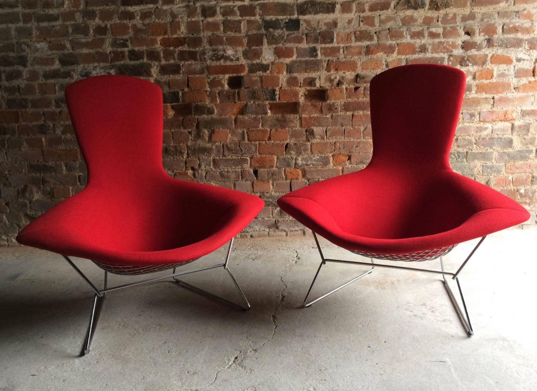 Chrome Harry Bertoia Bird Chairs in Red for Knoll International