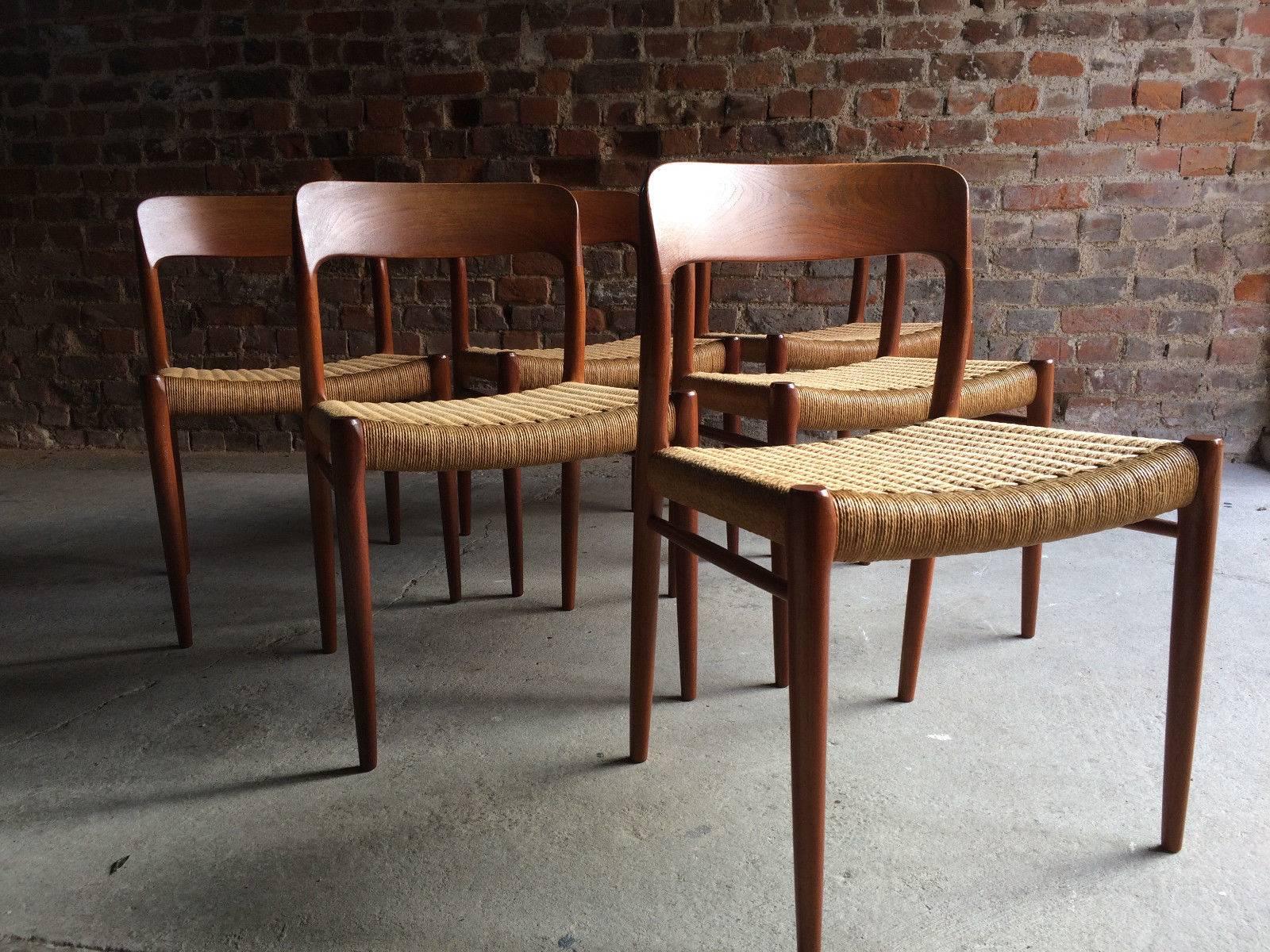 A magnificent set of six model 75 chairs by Danish designer Niels Otto Møller, and manufactured by JL Møller Møbelfabrik chair featuring frames made of solid teak and seating made of paper cord.