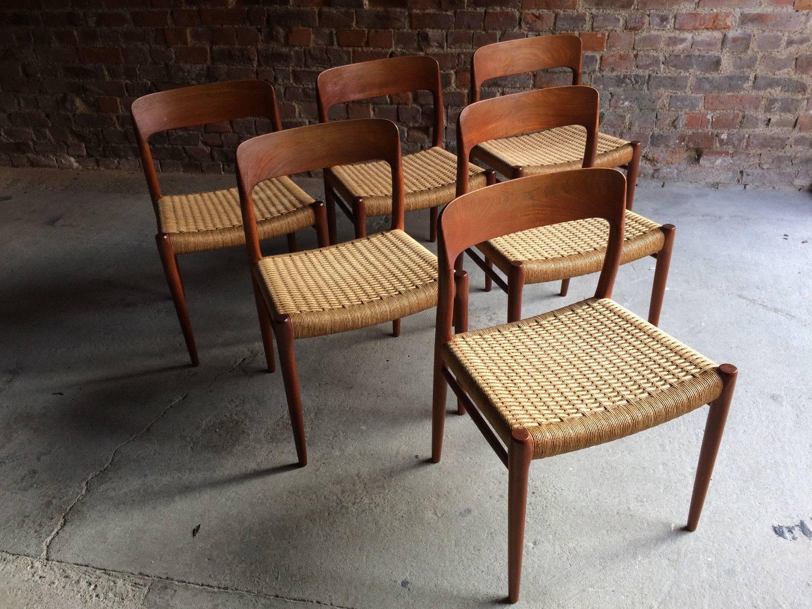 Mid-Century Modern Niels Otto Moller Dining Chairs Set of Six Model 75 JL Møller Møbelfabrik Danish
