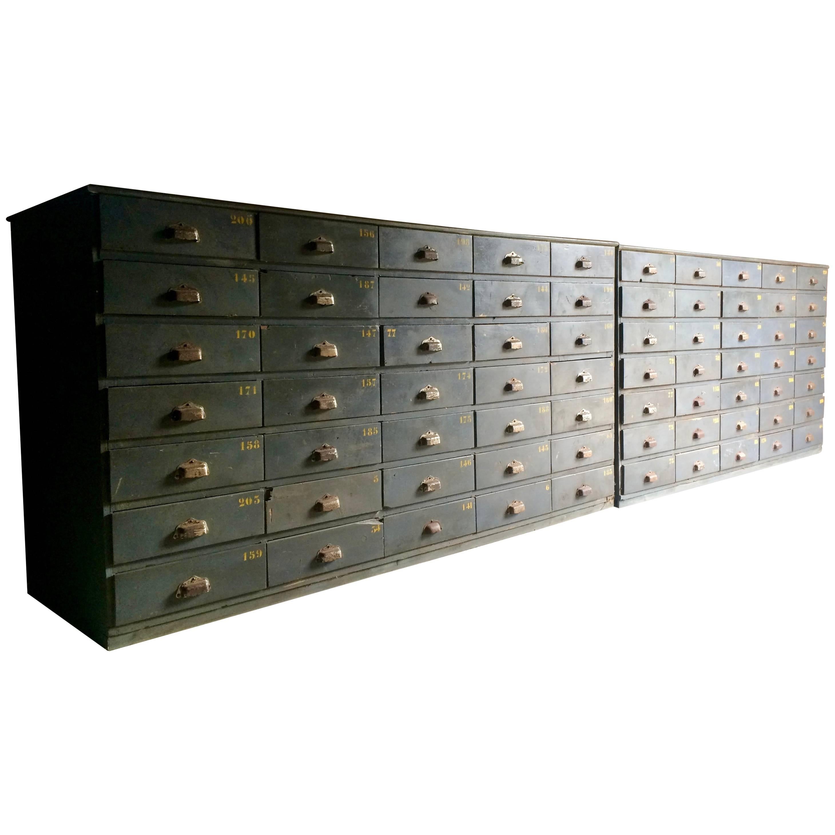 This fabulous antique engineers chests with a combined 70 drawers demonstrates beautifully the bygone Industrial era perfectly, ideal for todays 'Loft Style' living originally used in an Industrial workshop these chests would have housed components