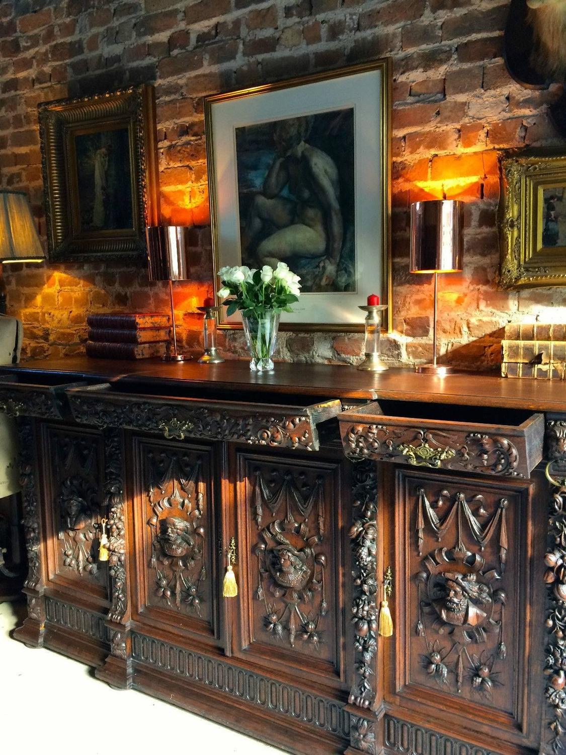 Antique Flemish Gothic Sideboard Credenza Victorian Oak Buffet 19th