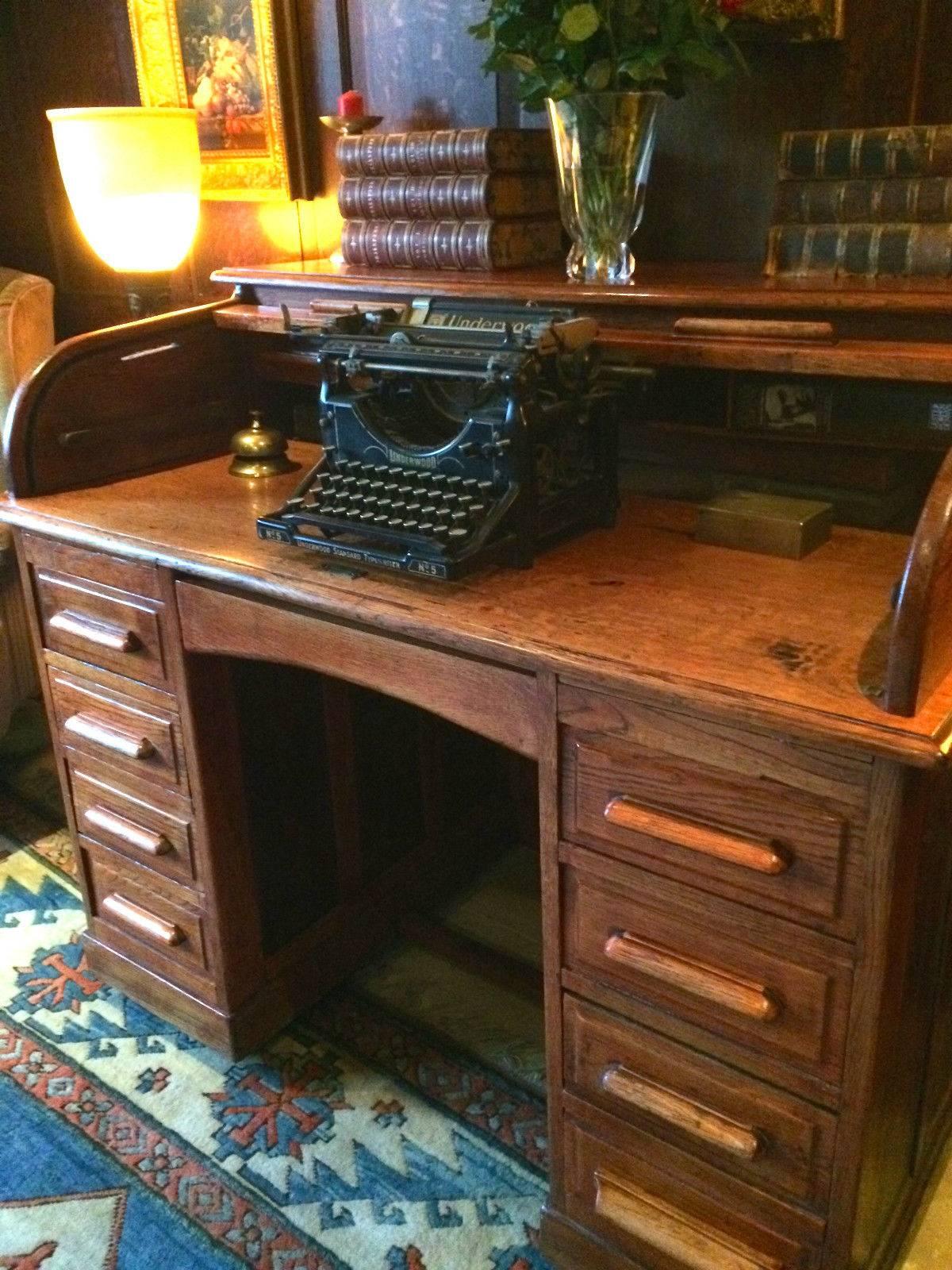 English Antique Roll Top Desk Twin Pedestal Writing Desk Solid Oak Edwardian Solid Oak