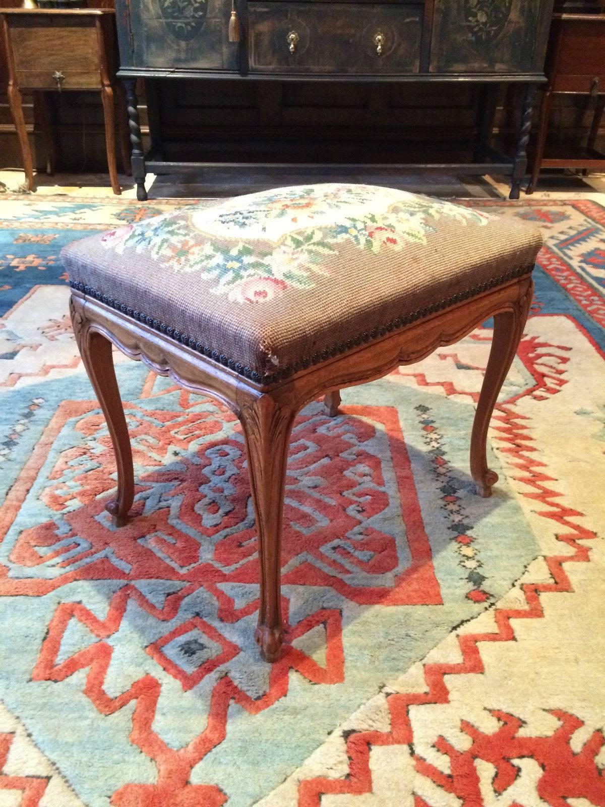 Antique Armchair French Mahogany Footstool Tapestry Victorian 19th Century 1