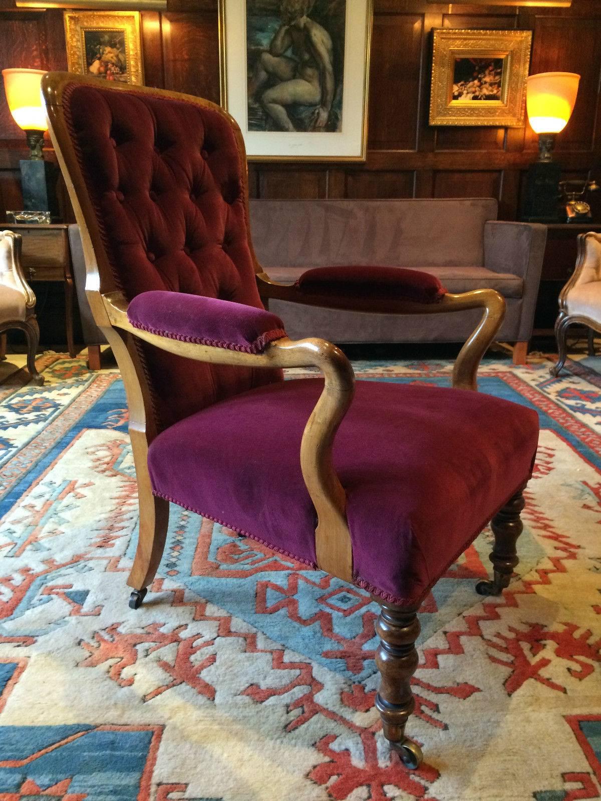 English Antique Victorian Armchair Button Back Mahogany 19th Century Velvet Salon Chair