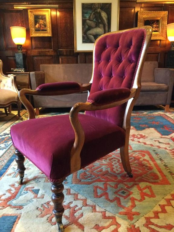 Antique Victorian Armchair Button Back Mahogany 19th Century Velvet Salon Chair In Excellent Condition In Longdon, Tewkesbury