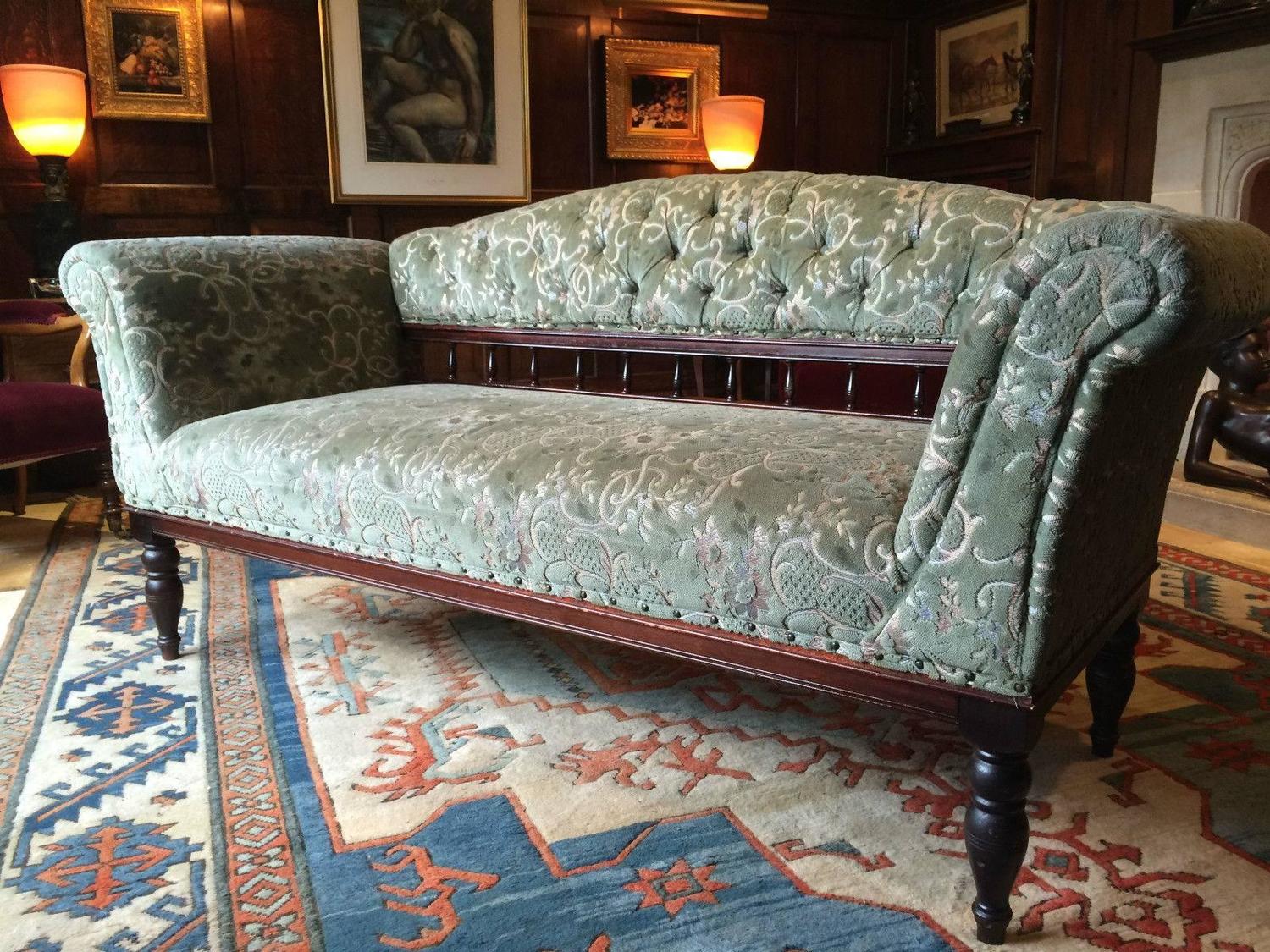 Antique Sofa Oak Settee Club Style Victorian Green Velvet 19th Century