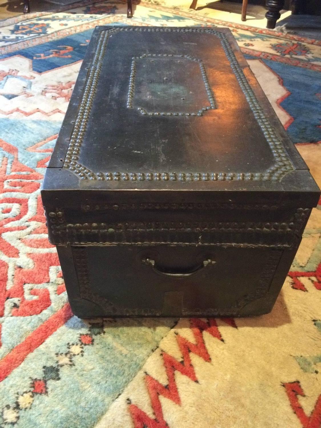 Antique Travel Trunk Chest Victorian Leather Brass Studded, 19th