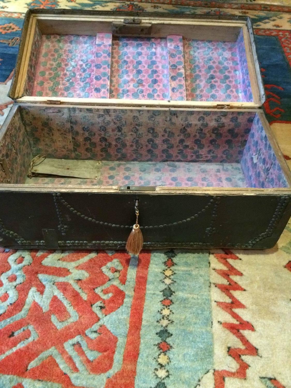 Antique Travel Trunk Chest Victorian Leather Brass Studded, 19th