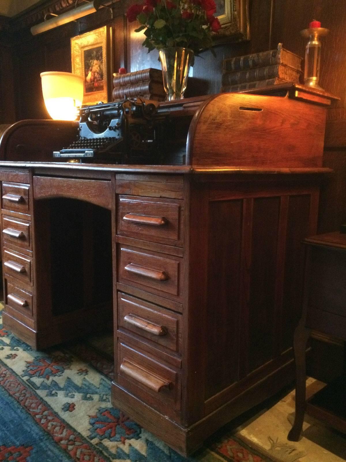 English Antique Roll Top Desk Twin Pedestal Writing Desk Solid Oak Edwardian