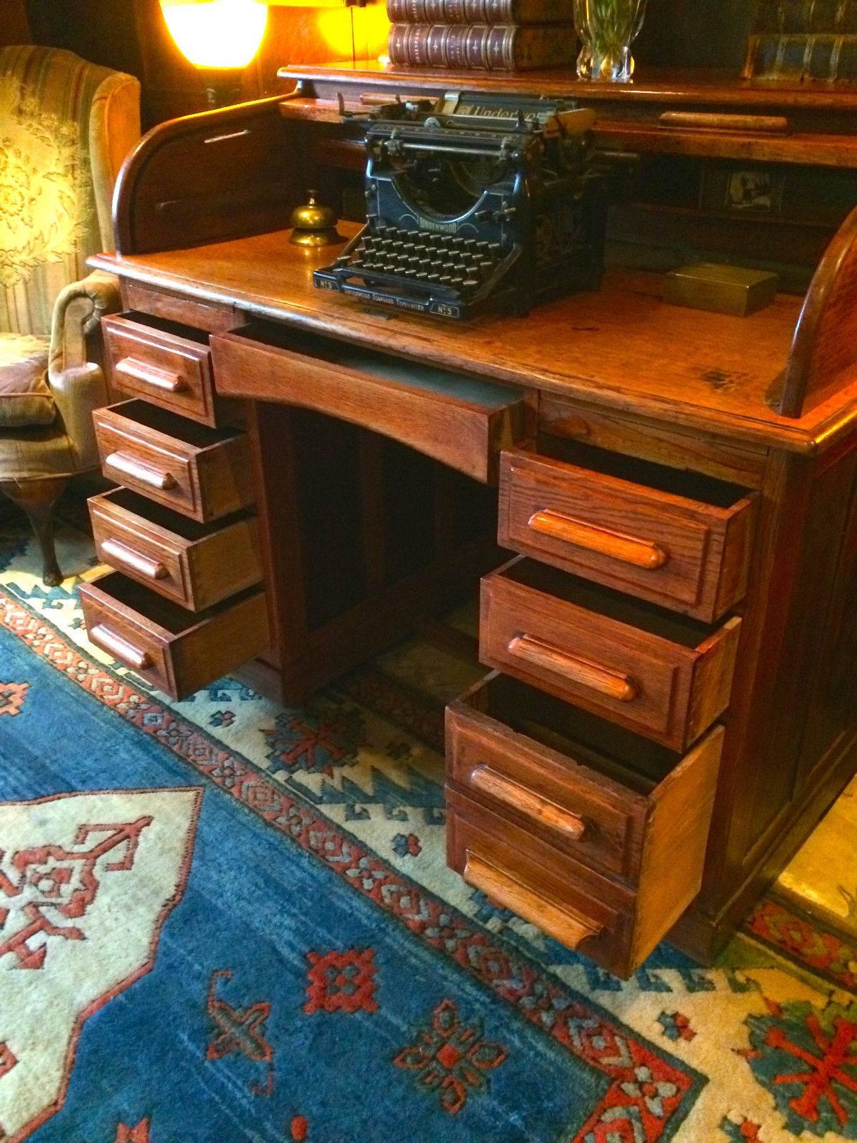 Antique Roll Top Desk Twin Pedestal Writing Desk Solid Oak Edwardian In Good Condition In Longdon, Tewkesbury