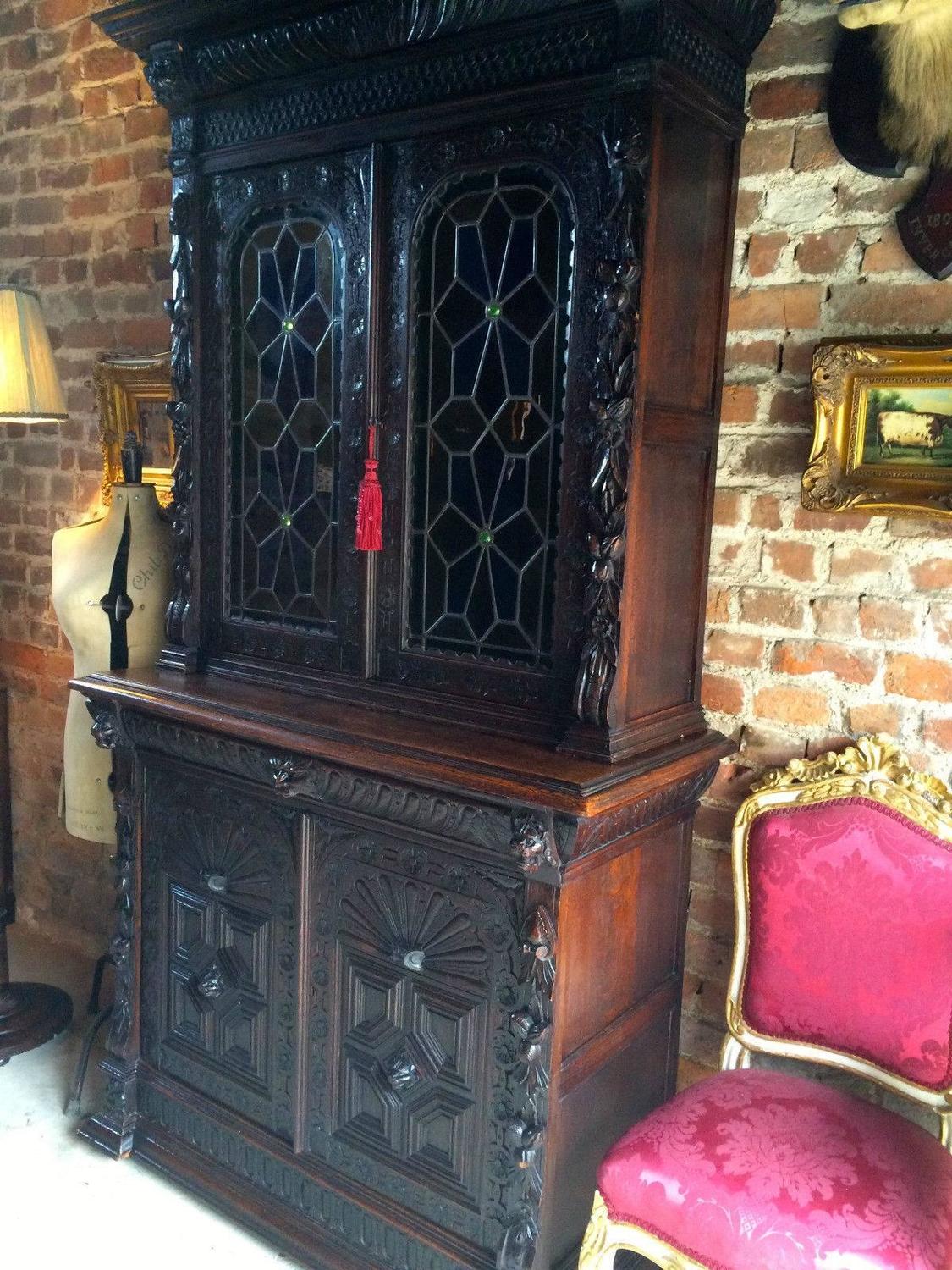 Antique Dresser Oak Victorian Gothic Green Man Carved Bookcase