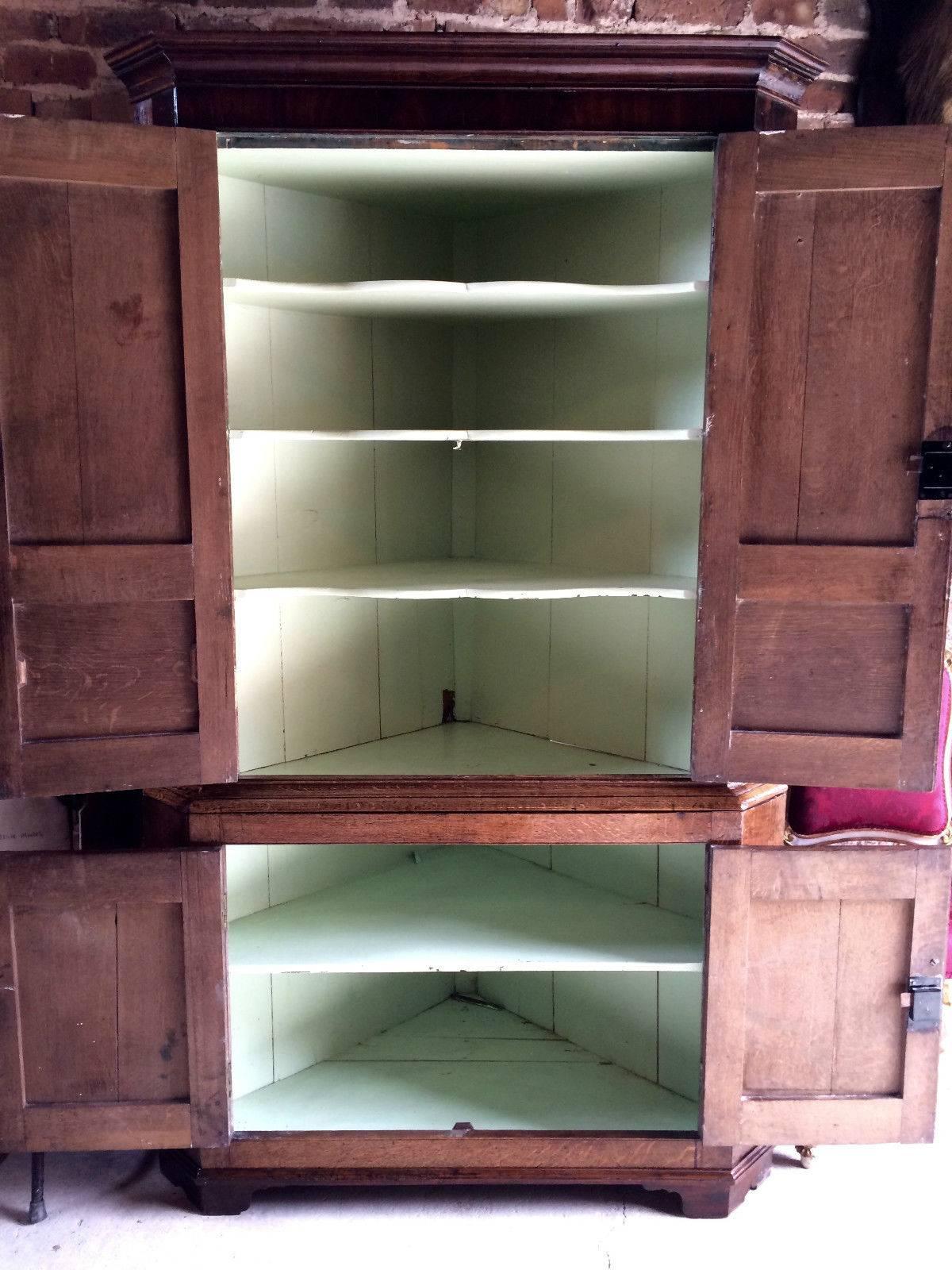 English Antique Georgian Freestanding Corner Cupboard Oak and Mahogany Cabinet