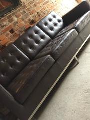 Florence Knoll Style Three-Seat Sofa Settee in Brown Leather, One