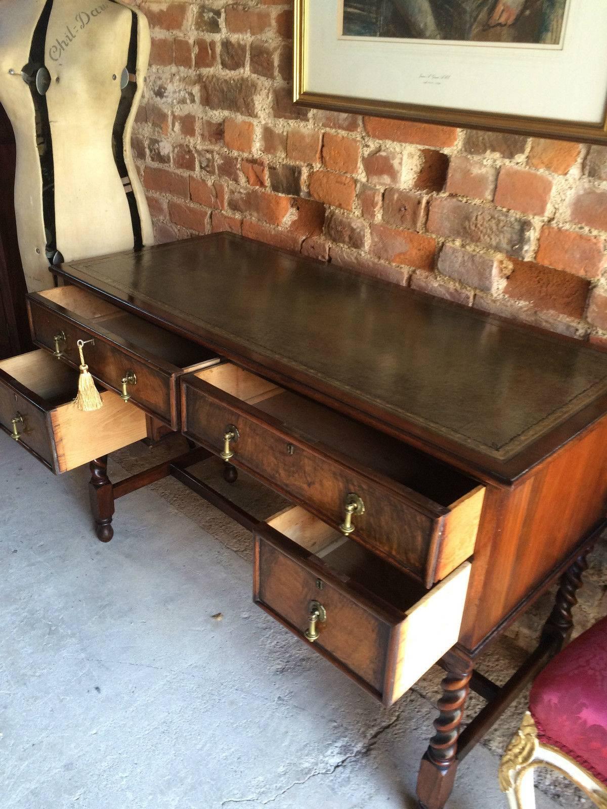 20th Century Antique Style Desk Writing Table Walnut Leather Top Barley Twist Legs