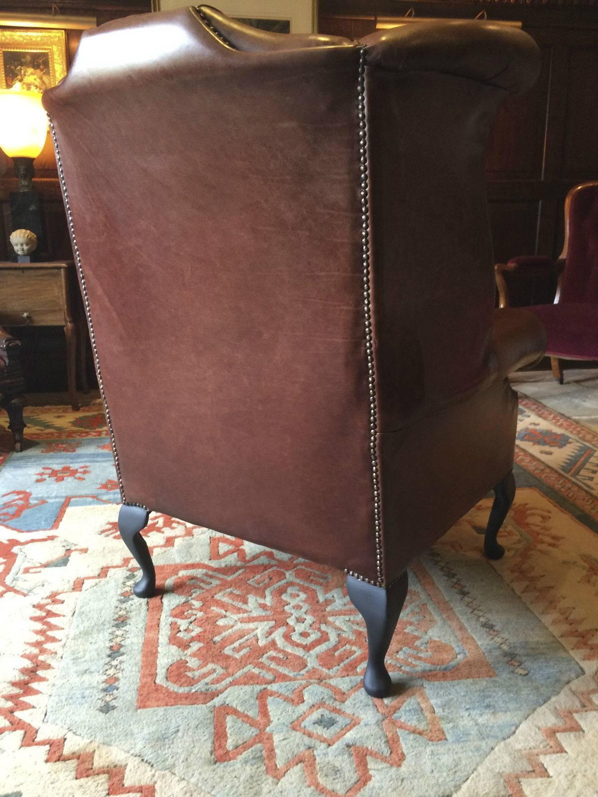 Antique Style Armchair Wingback Button-Back Brown Leather Chesterfield In Excellent Condition In Longdon, Tewkesbury