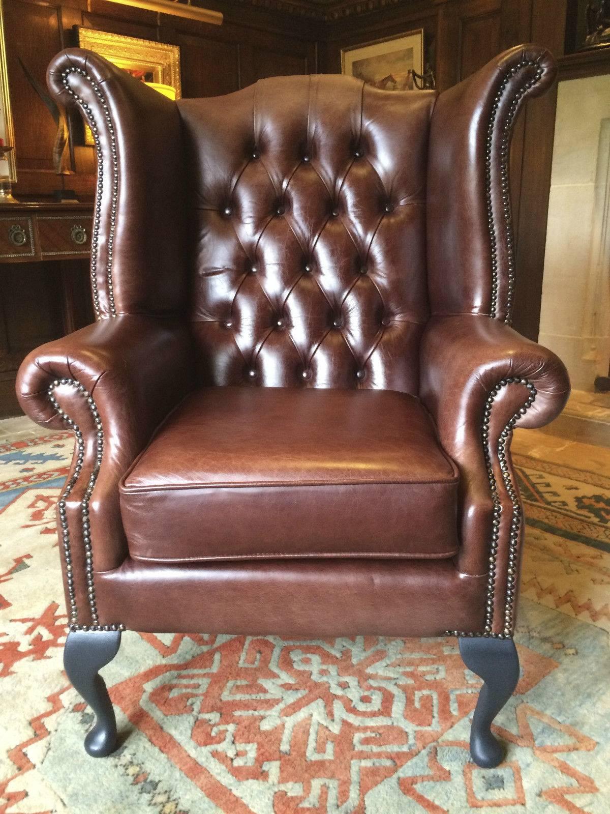 20th Century Antique Style Armchair Wingback Button-Back Brown Leather Chesterfield