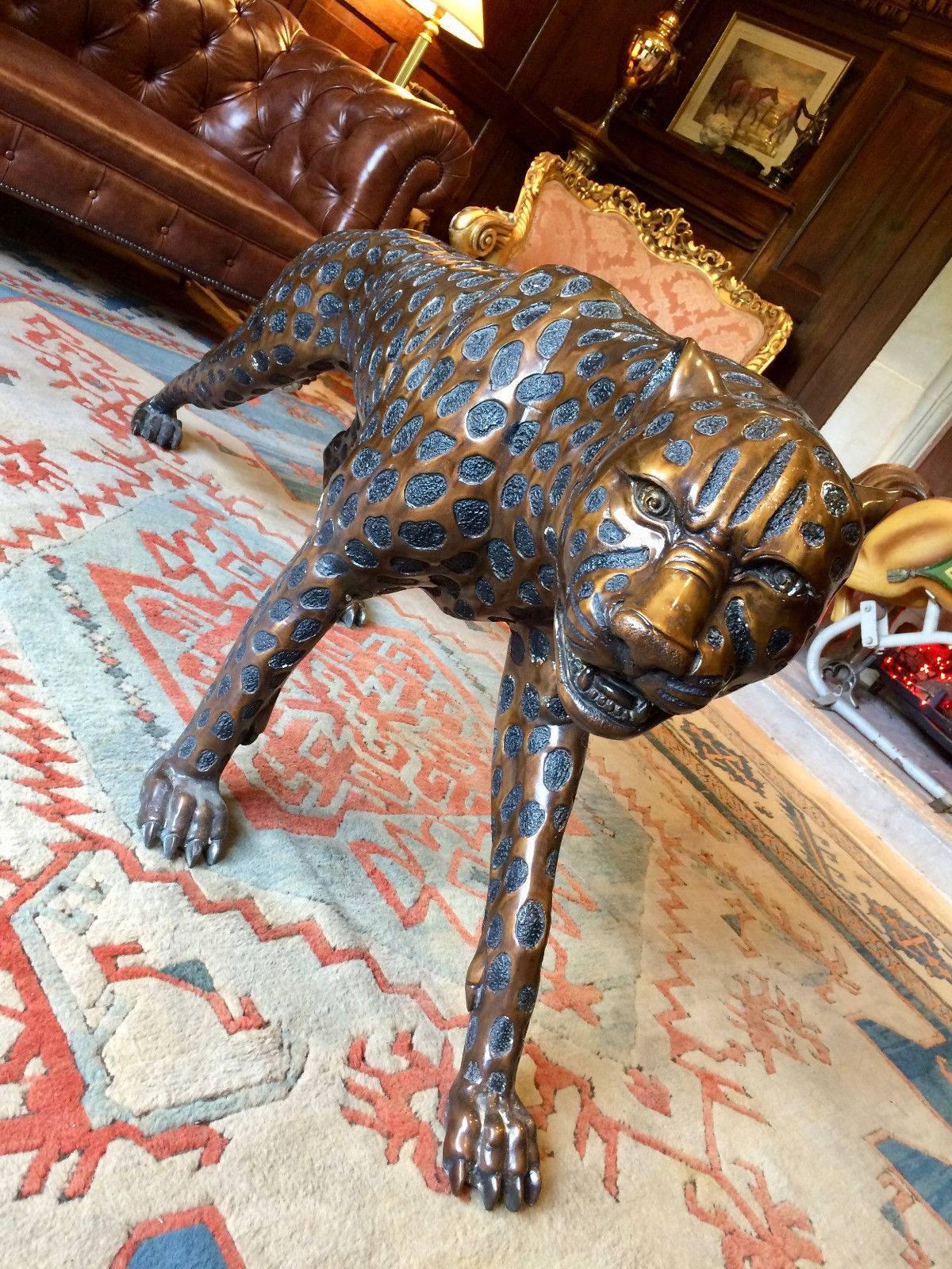 20th Century Lifesize Bronze Leopard Sculpture Large and Heavy Prowling Wild Cat