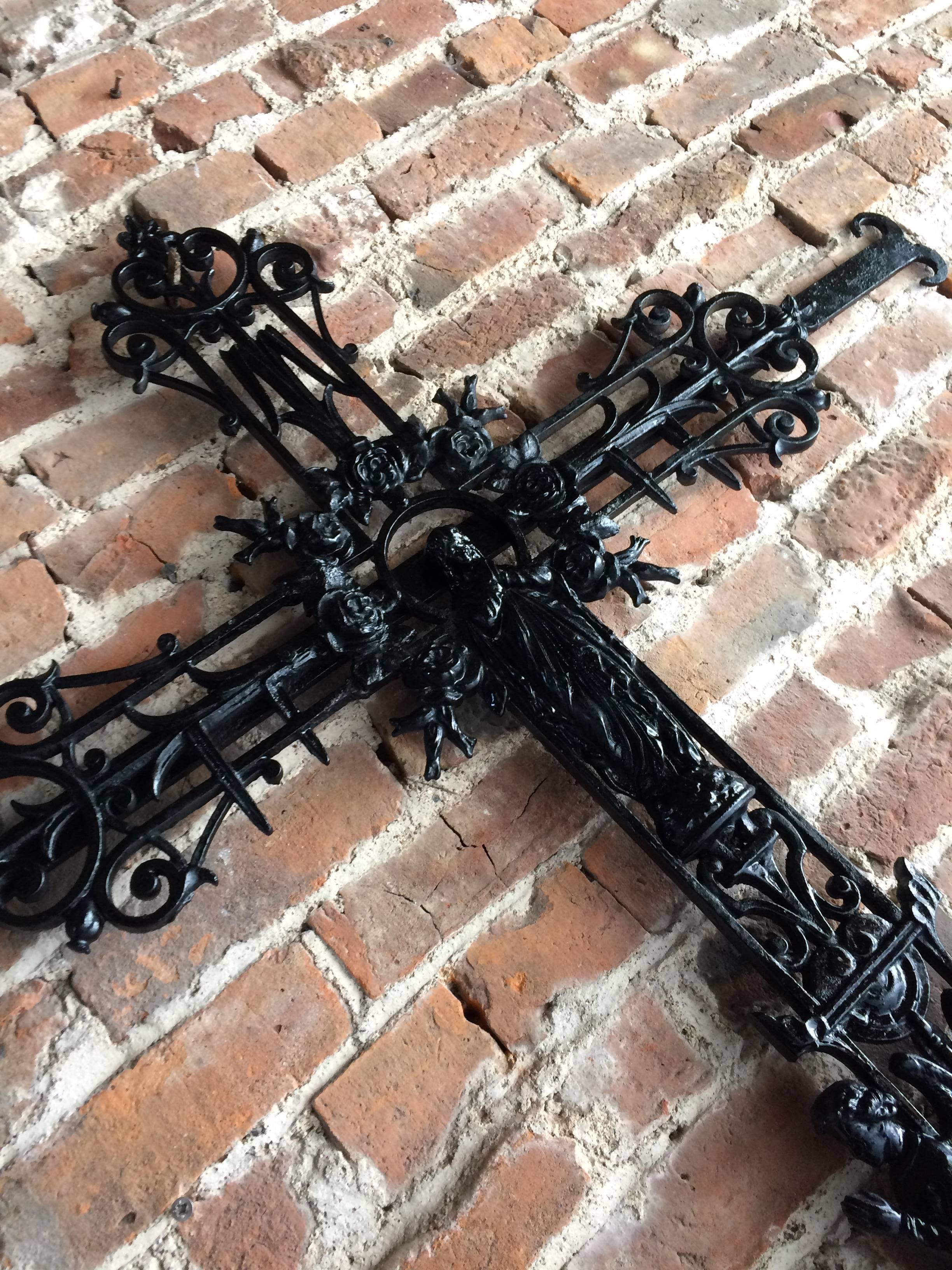 Antique Cast Iron Crucifix Cross French 19th Century Victorian Large In Excellent Condition In Longdon, Tewkesbury