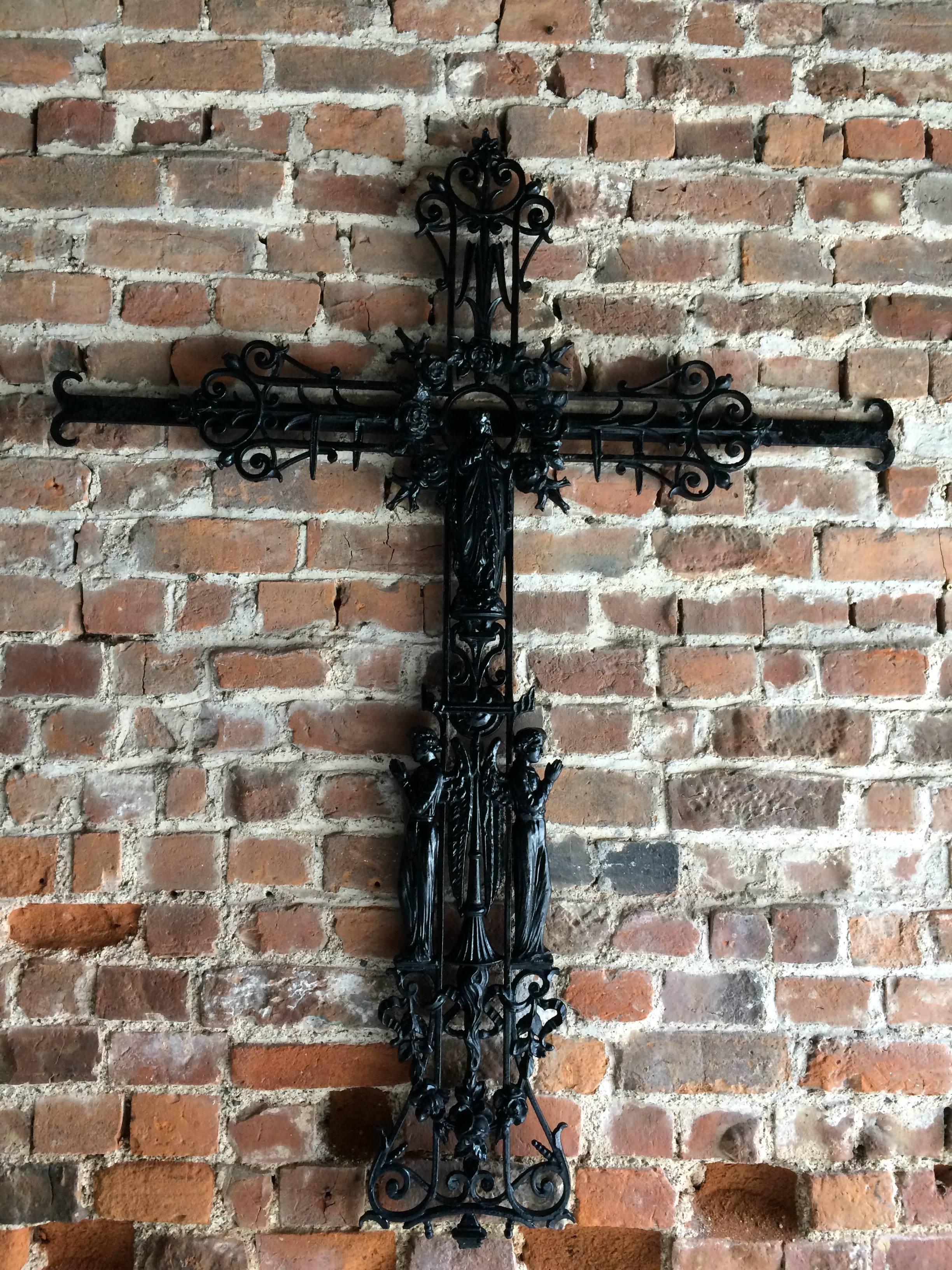 Antique Cast Iron Crucifix Cross French 19th Century Victorian Large 5