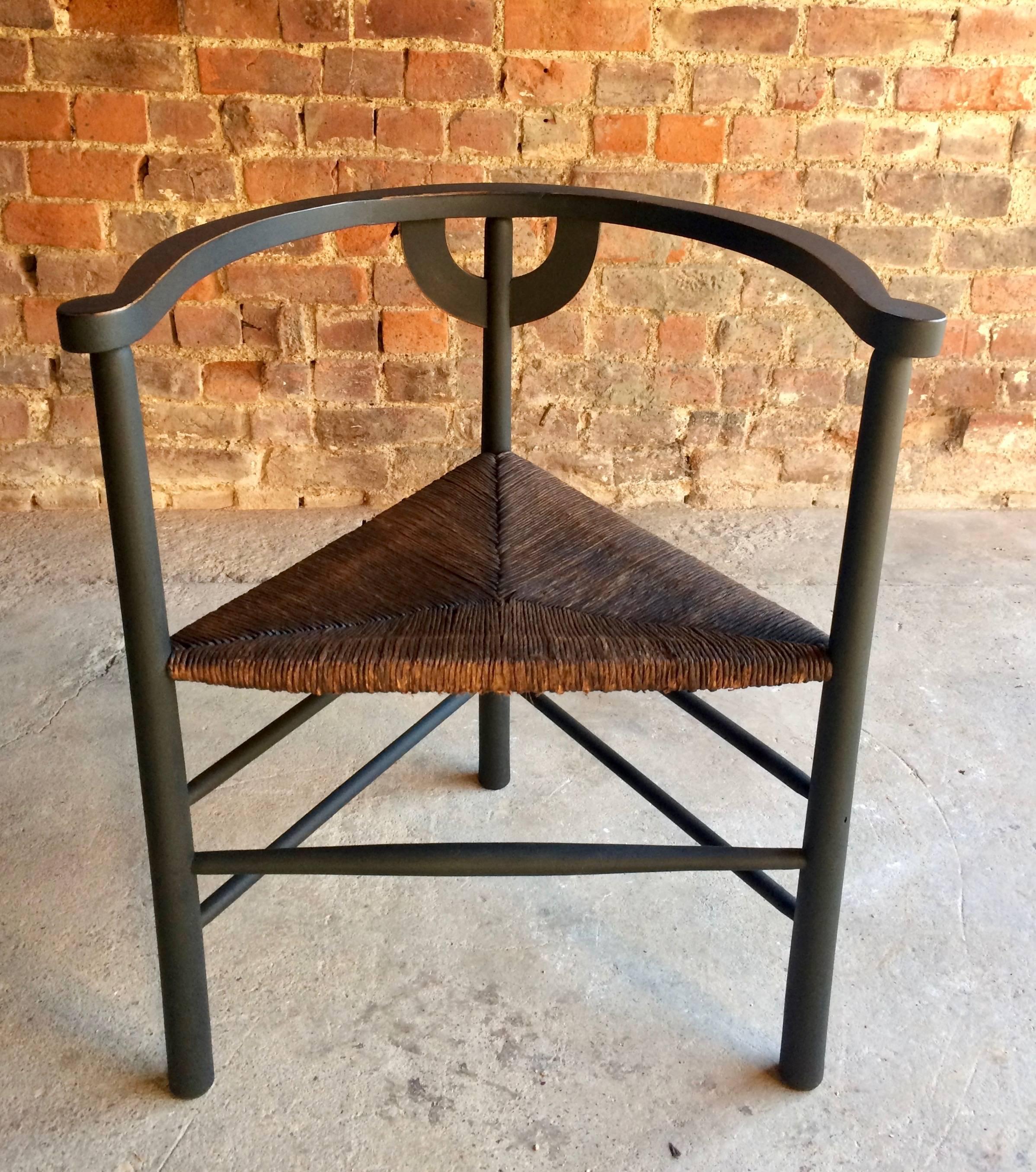 19th Century Aesthetic Movement Ebonized Rush Seat Chair Three-Legged Corner Seat Antique