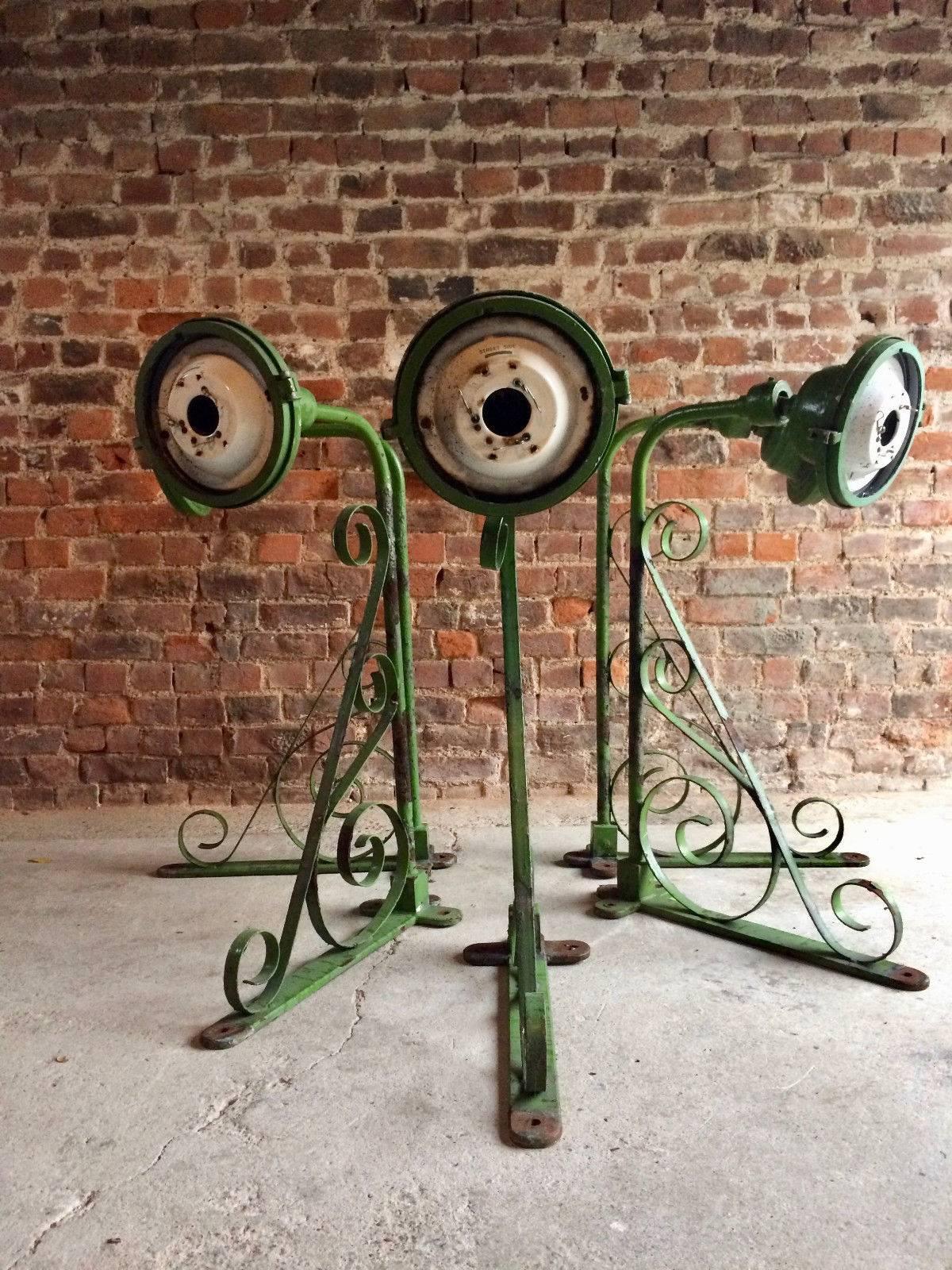 A fabulous set of five early 20th century original industrial factory lights from the John Player cigarette factory Nottingham, circa 1940s, the lights will all need to be re wired and look amazing.