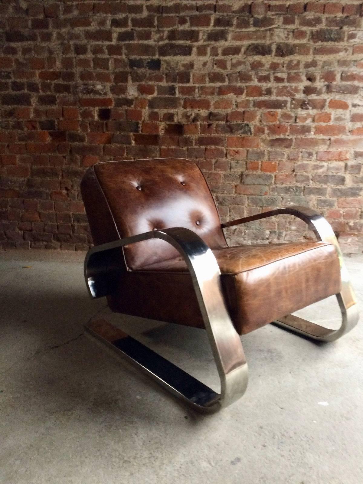 Alvar Aalto Design 400 Tank Armchair Chromed Frame Brown Buttoned Leather In Excellent Condition In Longdon, Tewkesbury