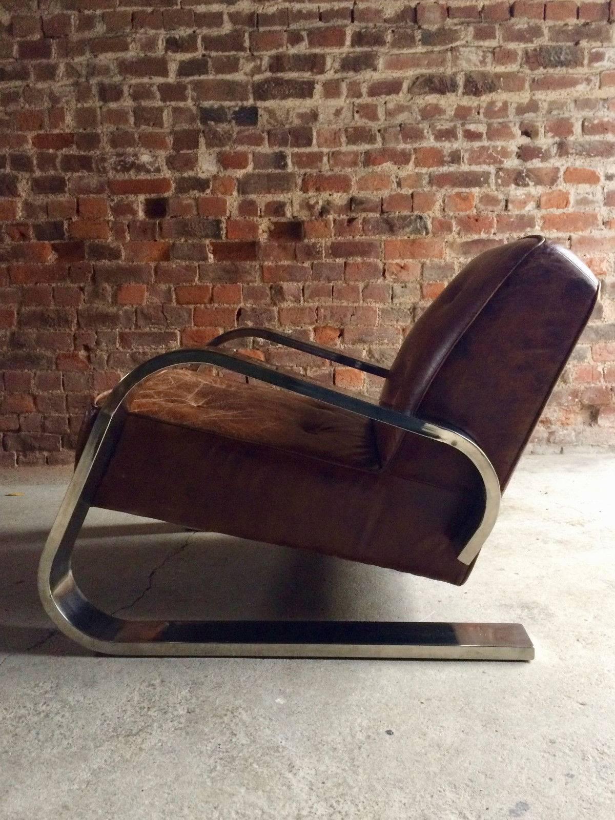 Alvar Aalto Design 400 Tank Armchair Chromed Frame Brown Buttoned Leather 3