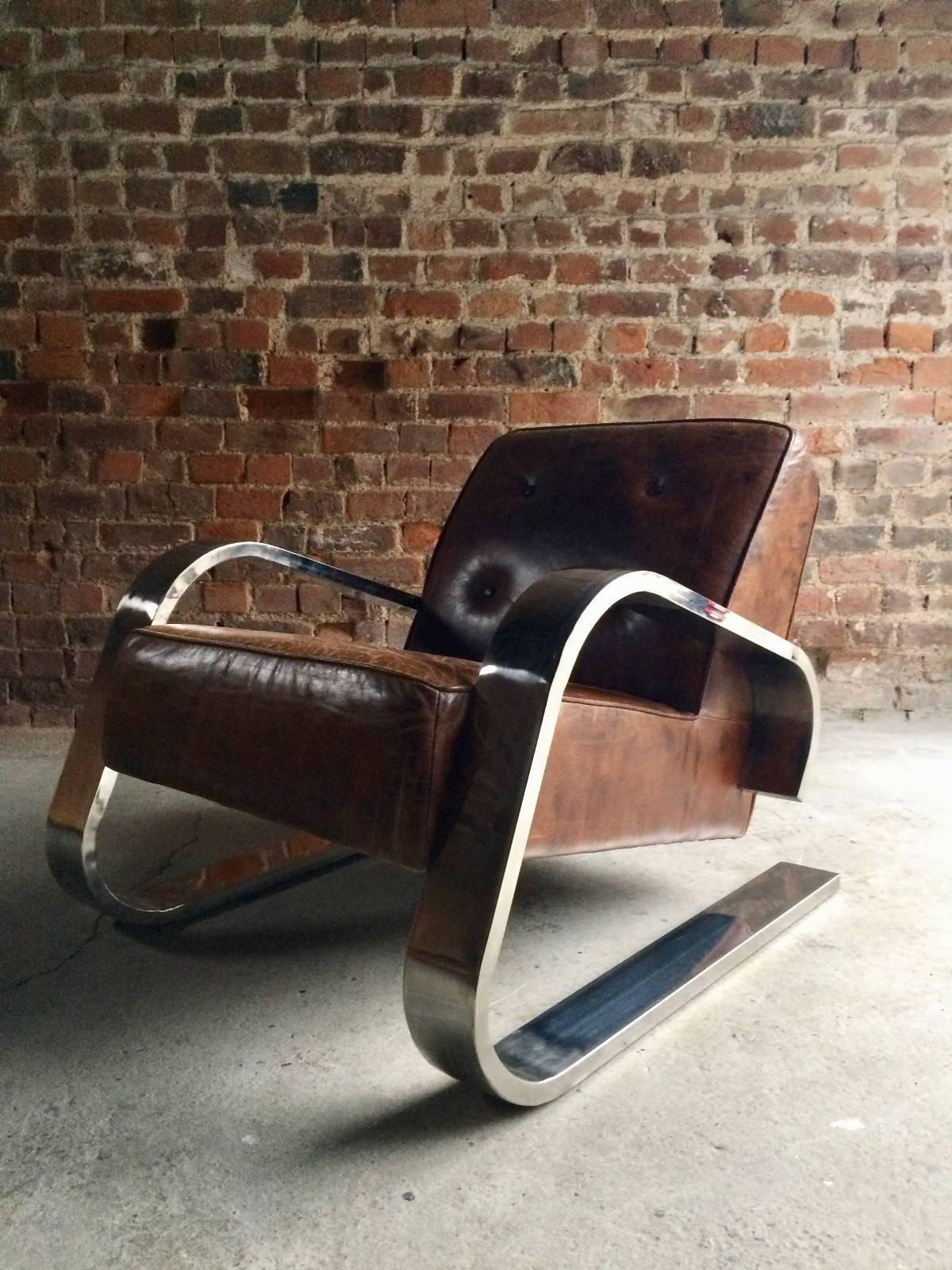 Alvar Aalto Design 400 Tank Armchair Chromed Frame Brown Buttoned Leather 4