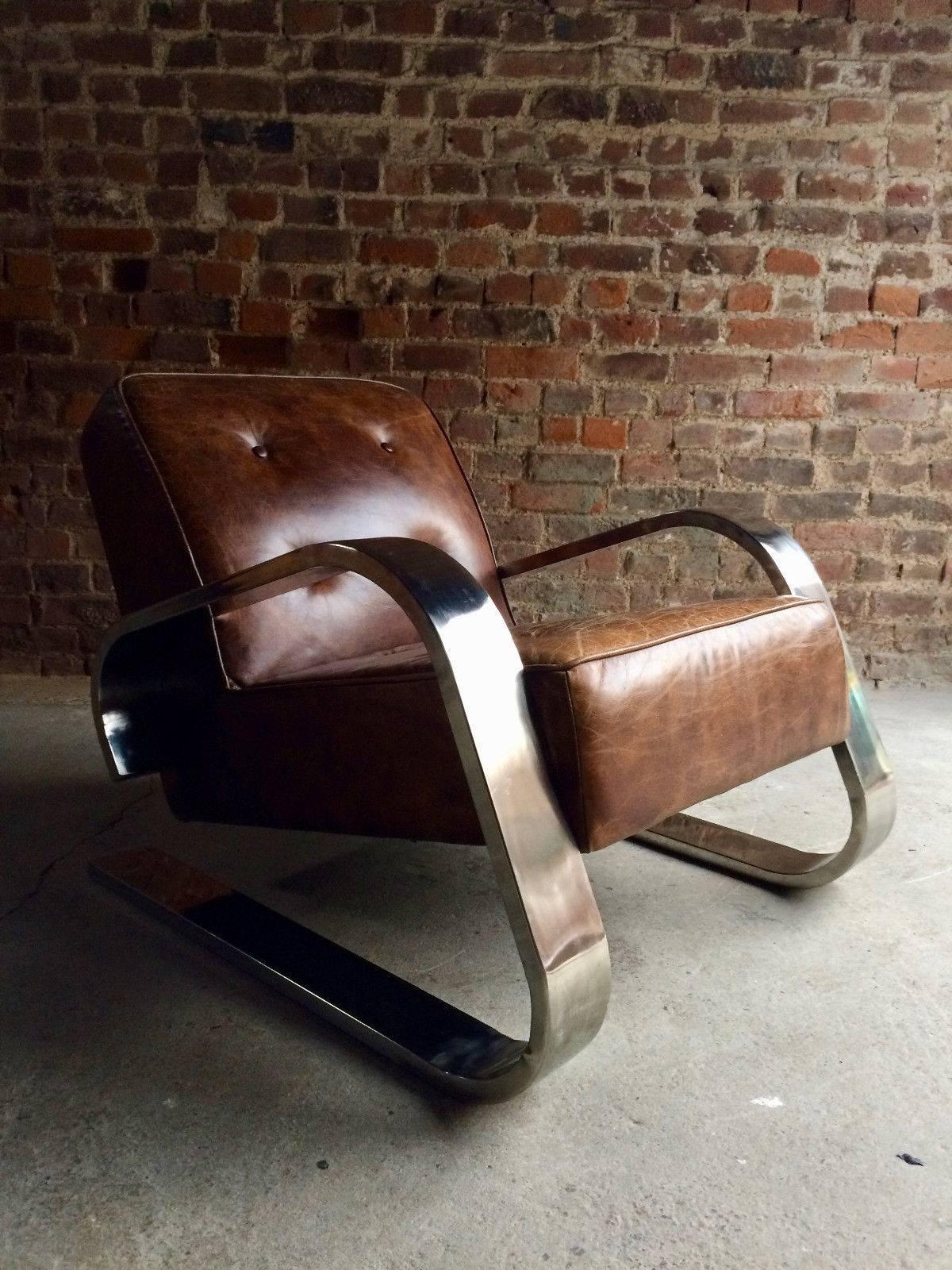 Alvar Aalto Design 400 Tank Armchair Chromed Frame Brown Buttoned Leather 6