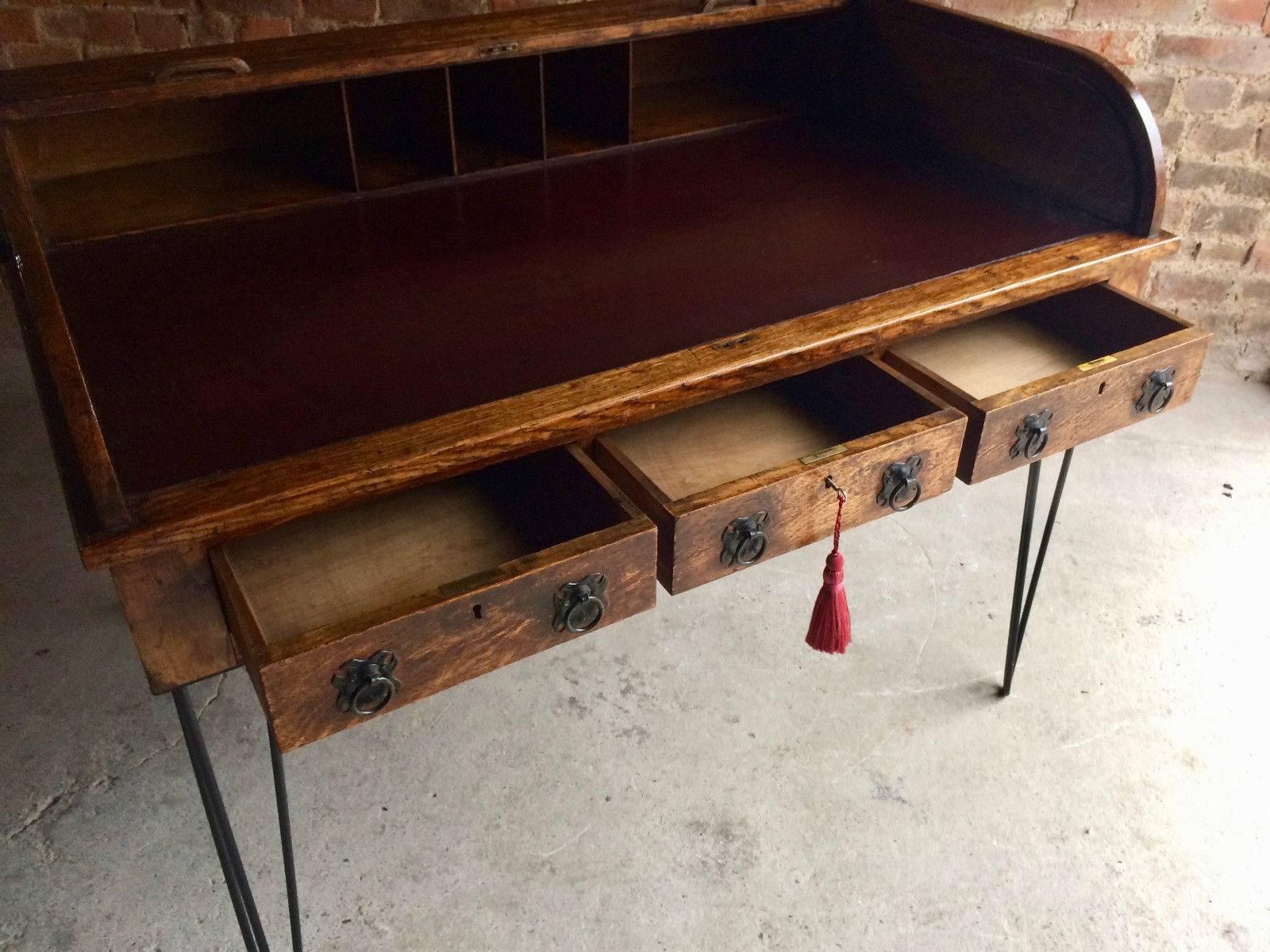 Antique Roll Top Writing Table Desk Oak Tambour Hairpin Legs Edwardian 3