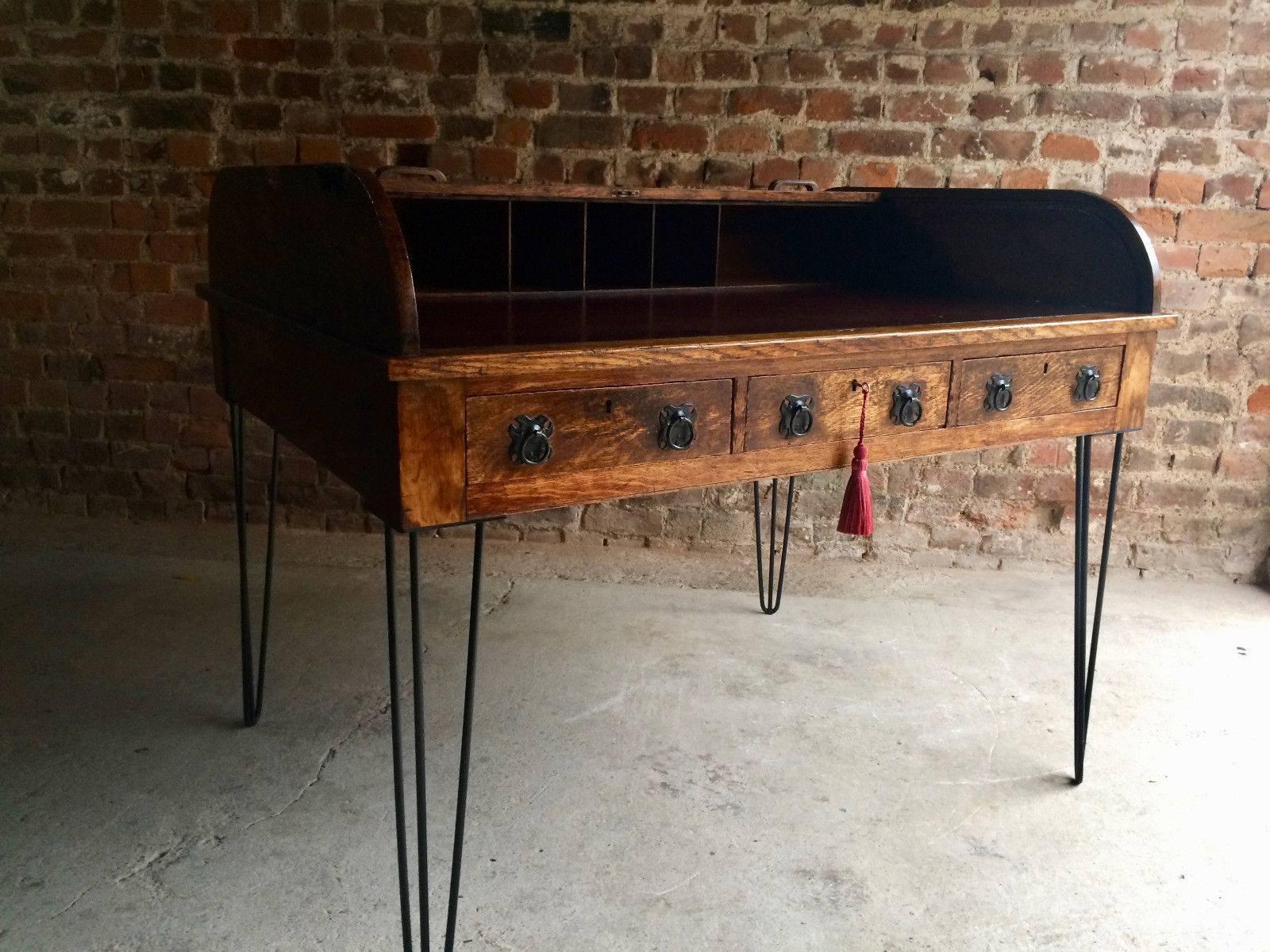 20th Century Antique Roll Top Writing Table Desk Oak Tambour Hairpin Legs Edwardian