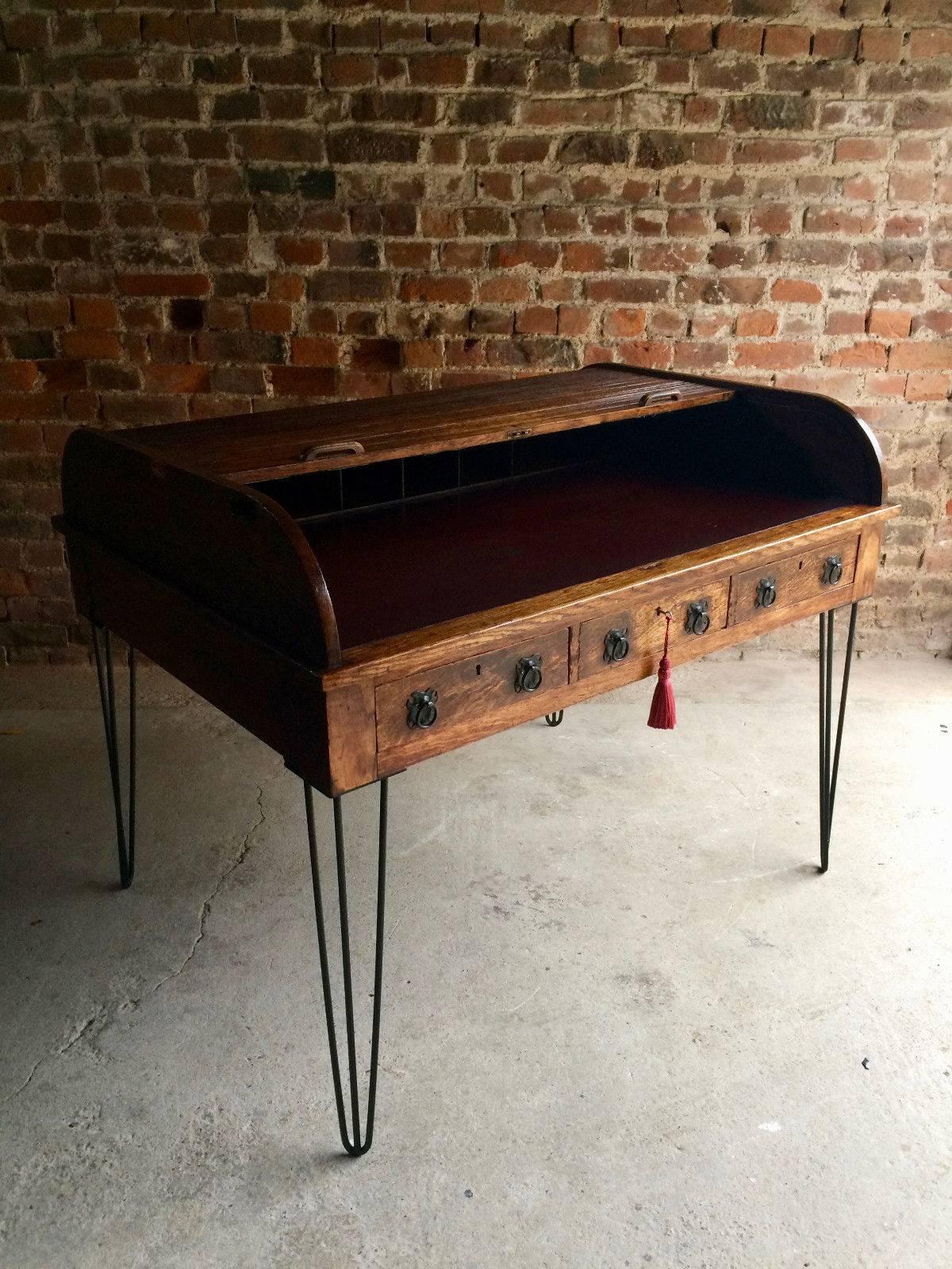 Antique Roll Top Writing Table Desk Oak Tambour Hairpin Legs Edwardian In Good Condition In Longdon, Tewkesbury