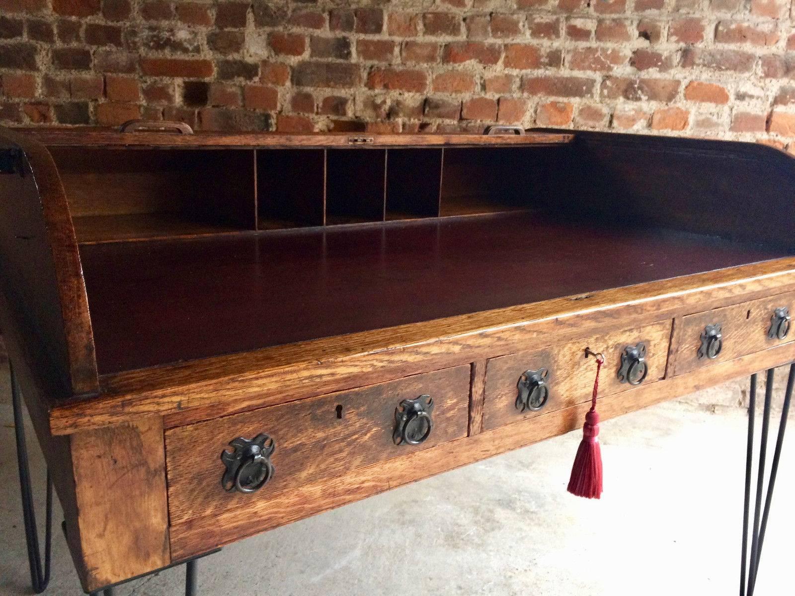 Antique Roll Top Writing Table Desk Oak Tambour Hairpin Legs Edwardian 1