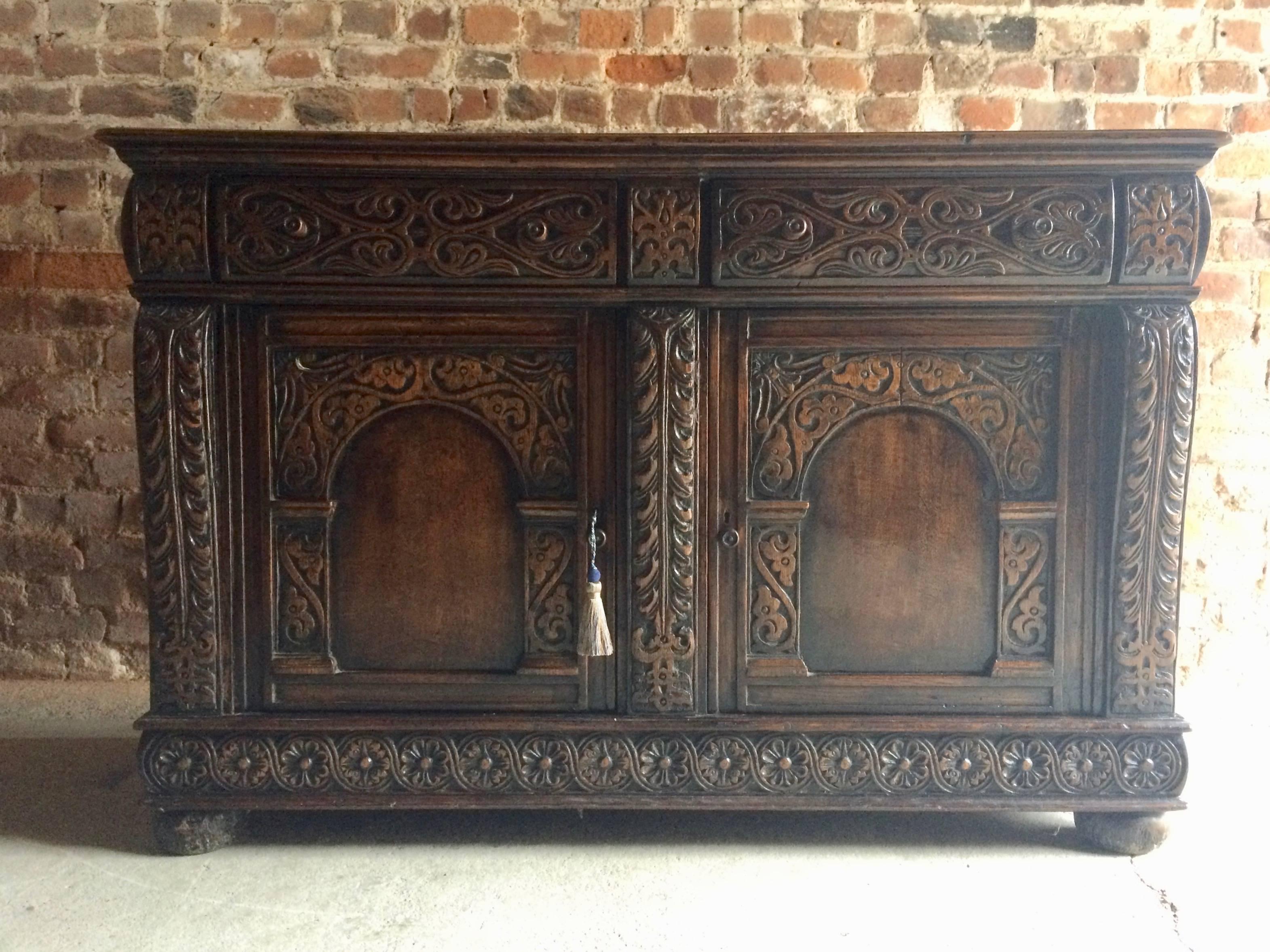 English Antique Sideboard Buffet Credenza Solid Oak Heavily Carved Gothic Victorian 1850