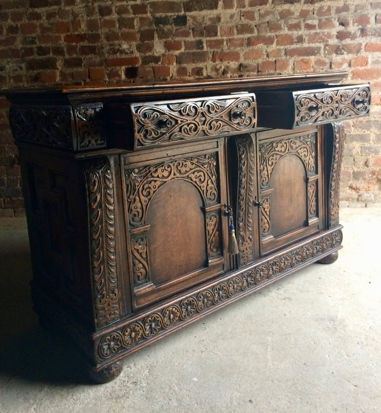 Antique Sideboard Buffet Credenza Solid Oak Heavily Carved Gothic