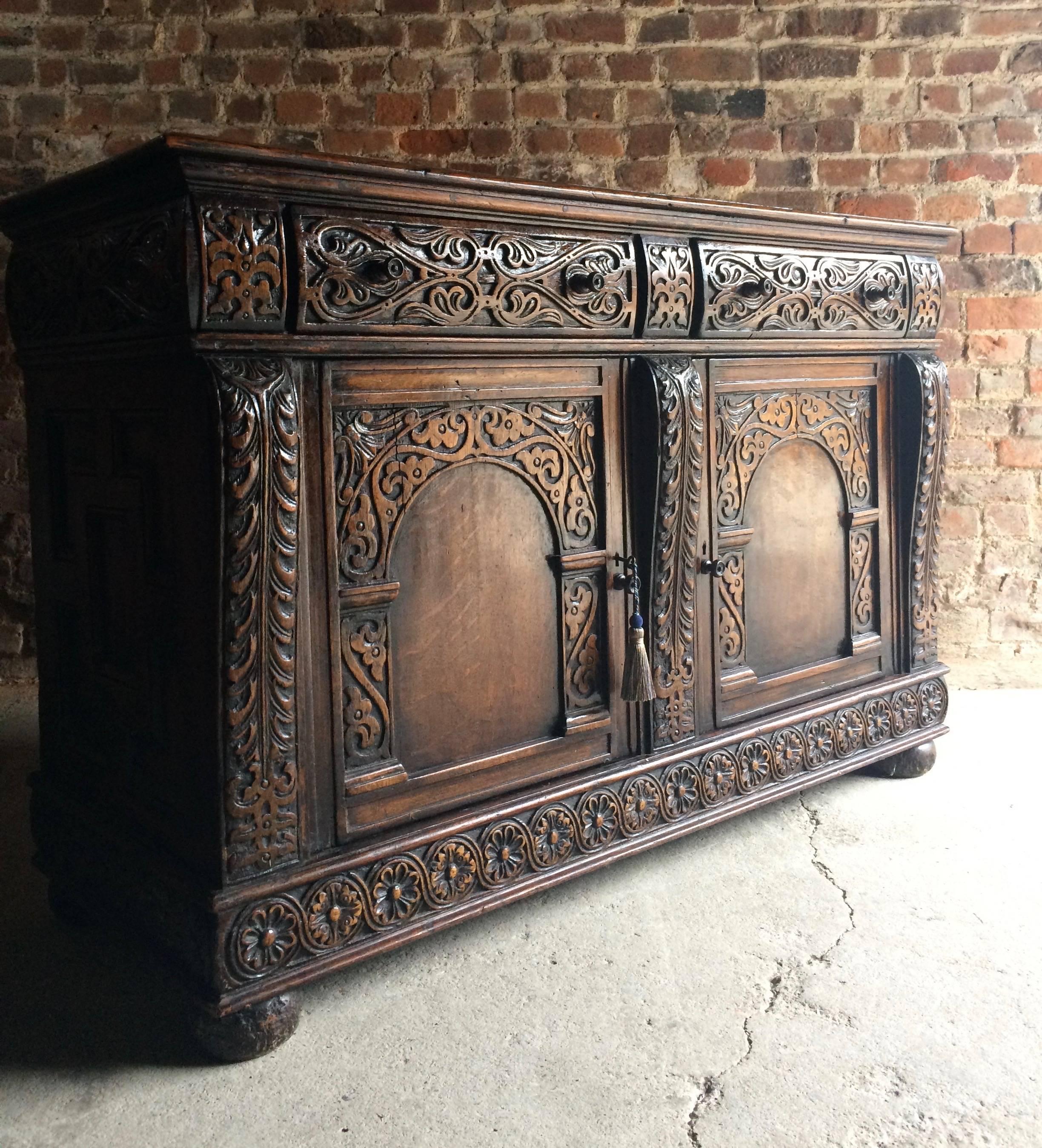 Antique Sideboard Buffet Credenza Solid Oak Heavily Carved Gothic Victorian 1850 In Excellent Condition In Longdon, Tewkesbury