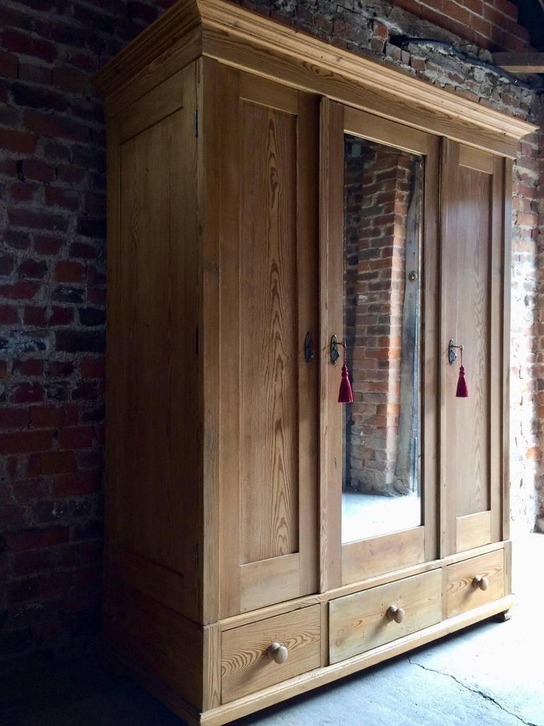 Antique French Solid Pine Armoire Wardrobe Large Triple Mirror Fronted