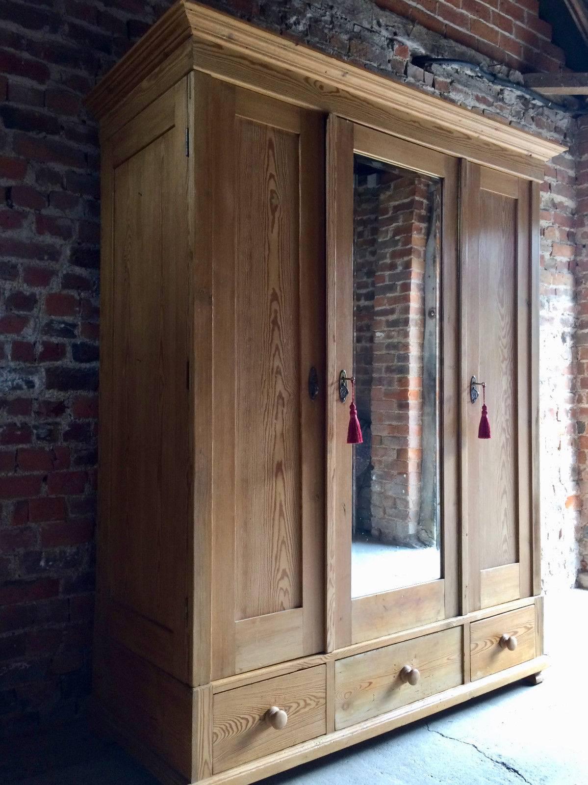 Antique French Solid Pine Armoire Wardrobe Large Triple Mirror Fronted 3